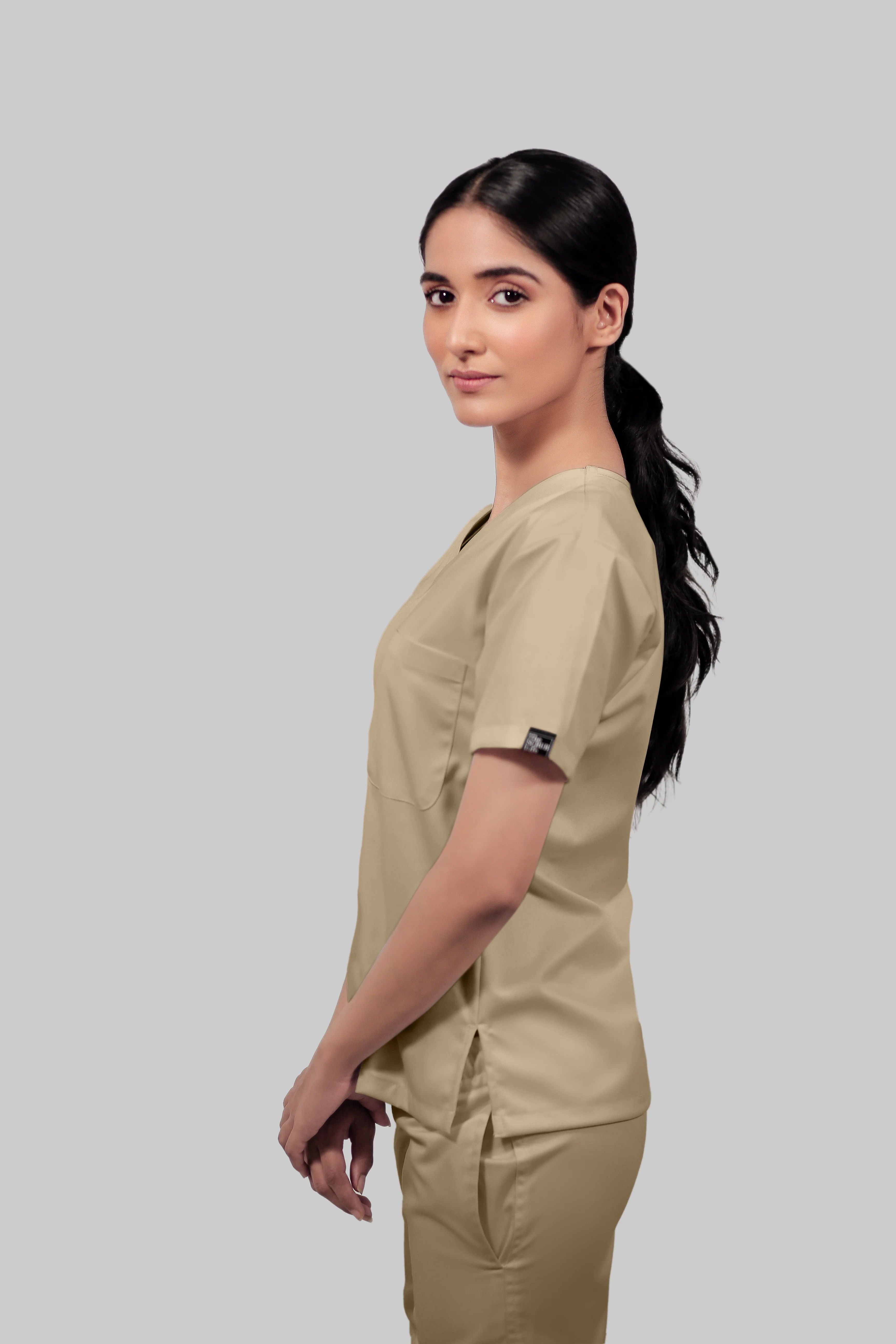 Stretchable (4Way) Women Beige V-Neck Scrub Top - Image 3