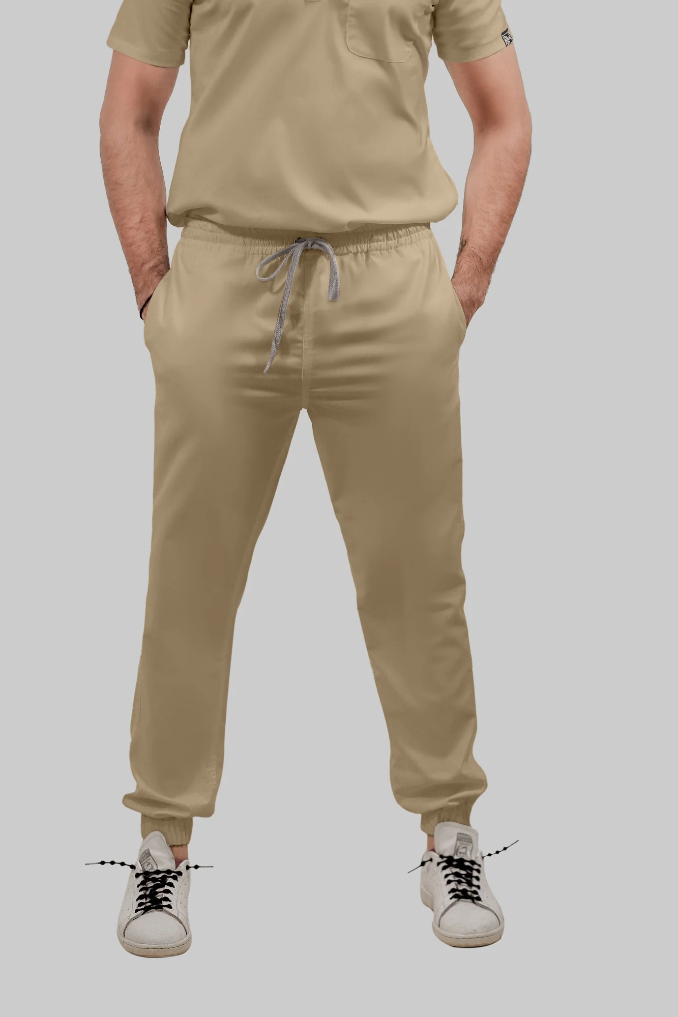 Stretchable (4Way) Women Beige V-Neck With Jogger Scrub Set - Image 3