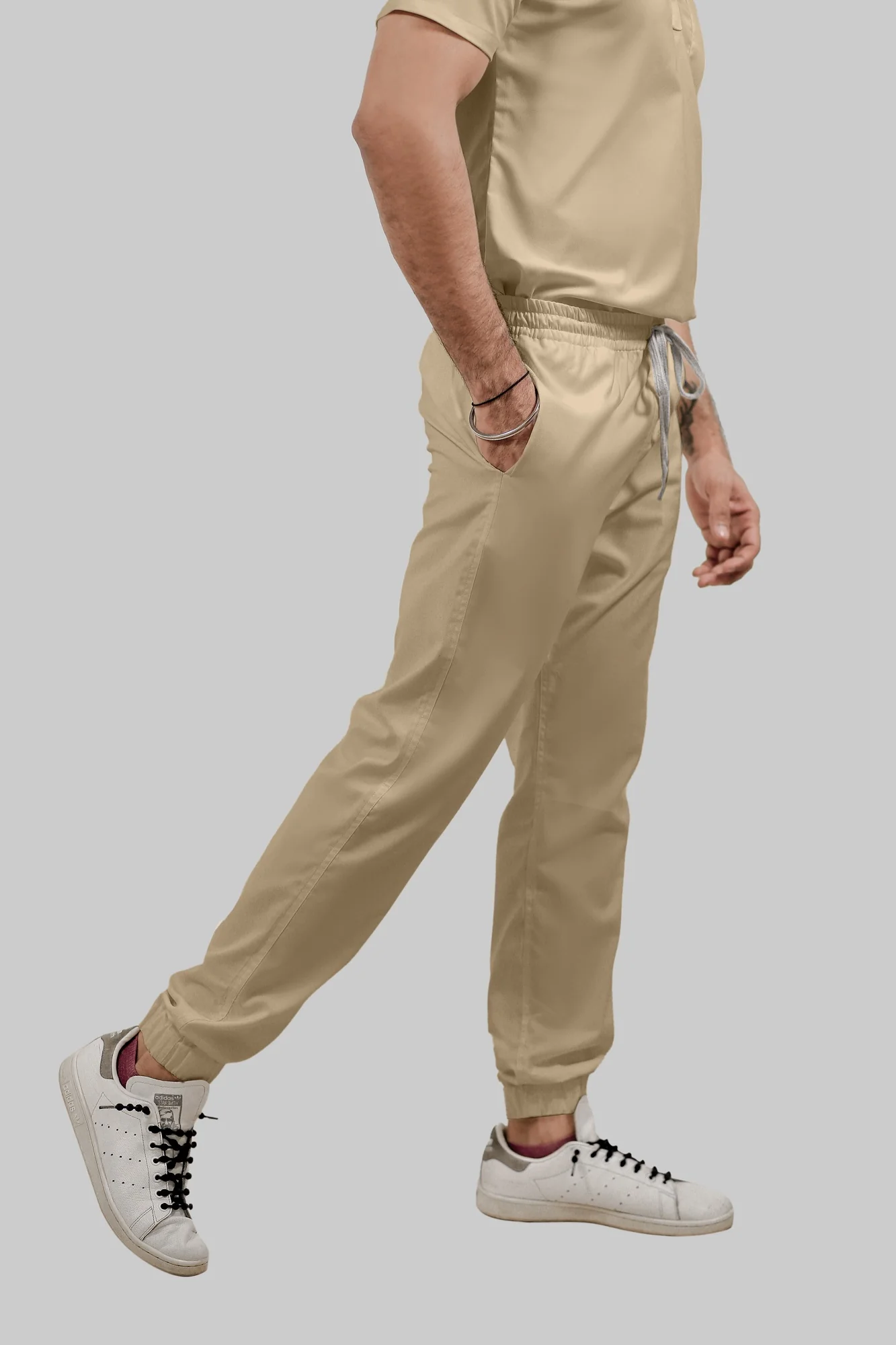 Stretchable (4Way) Women Beige V-Neck With Jogger Scrub Set - Image 4