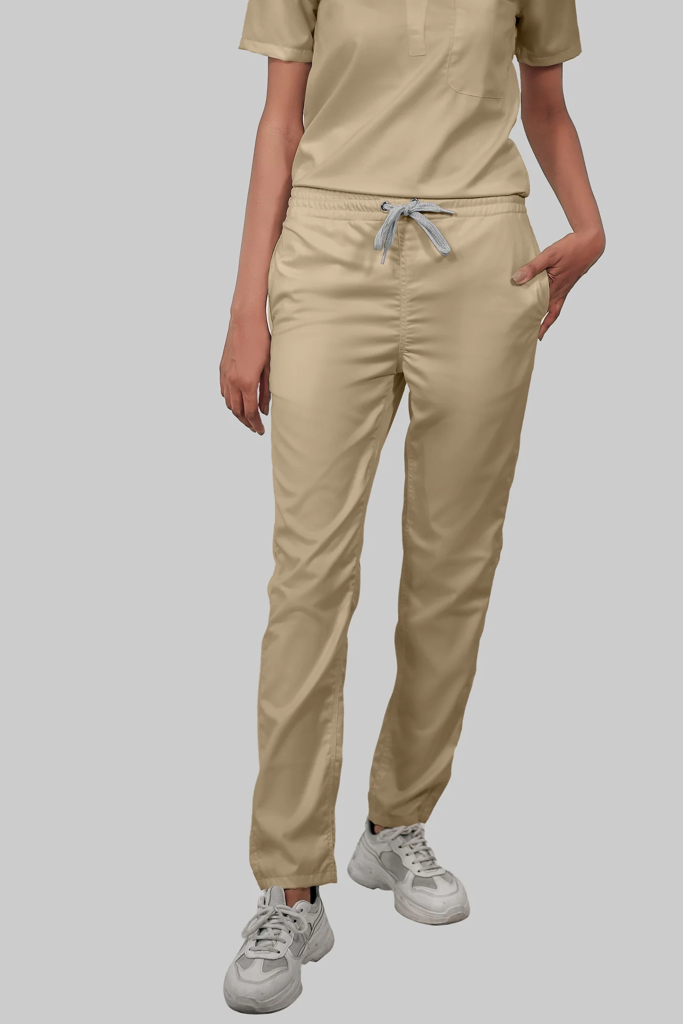Stretchable (4Way) Women Beige V-Neck With Straight Pant Scrub Set - Image 3