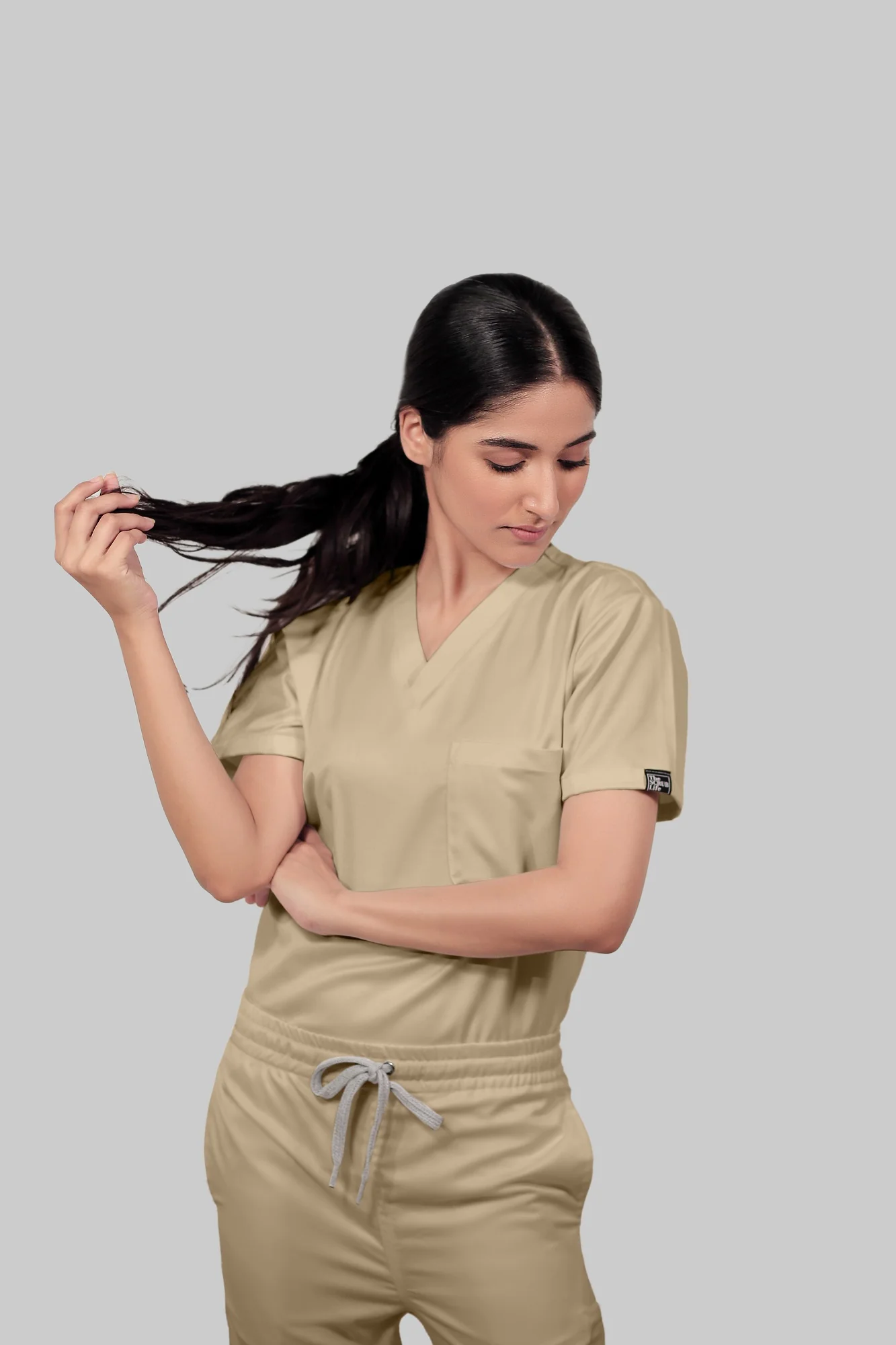 Stretchable (4Way) Women Beige V-Neck With Straight Pant Scrub Set - Image 4
