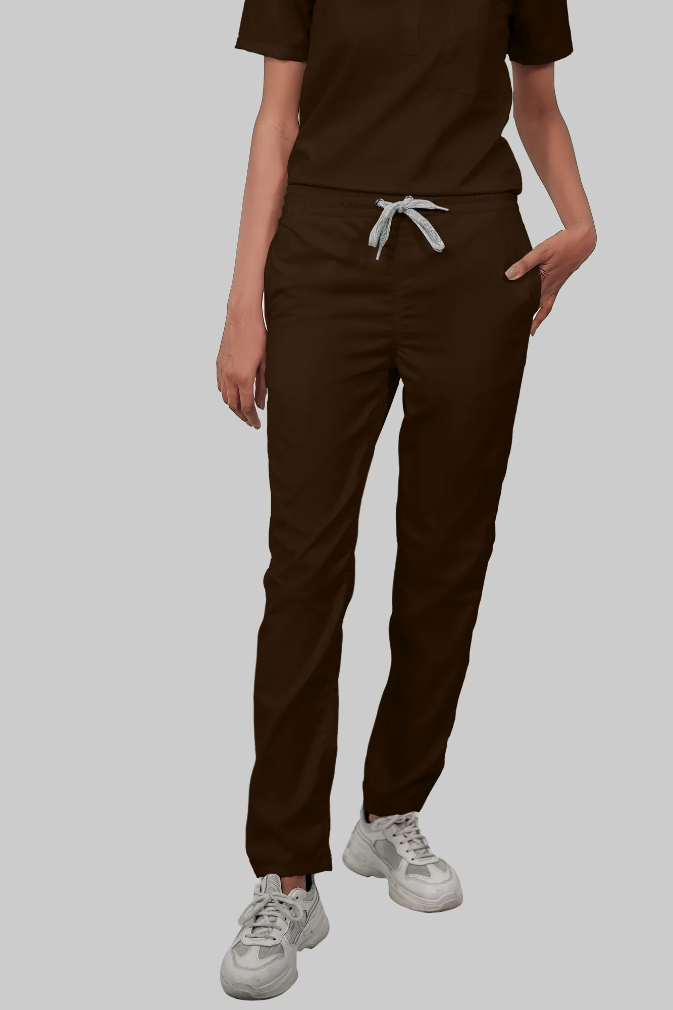 Stretchable (4Way) Women Brown Mandarin Neck With Straight Pant Scrub Set - Image 3