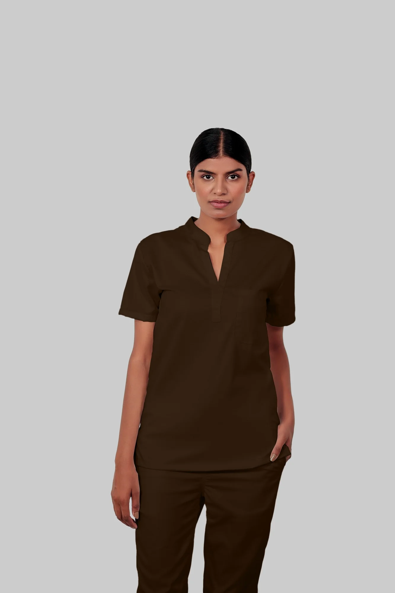 Stretchable (4Way) Women Brown Mandarin Neck With Straight Pant Scrub Set - Image 4