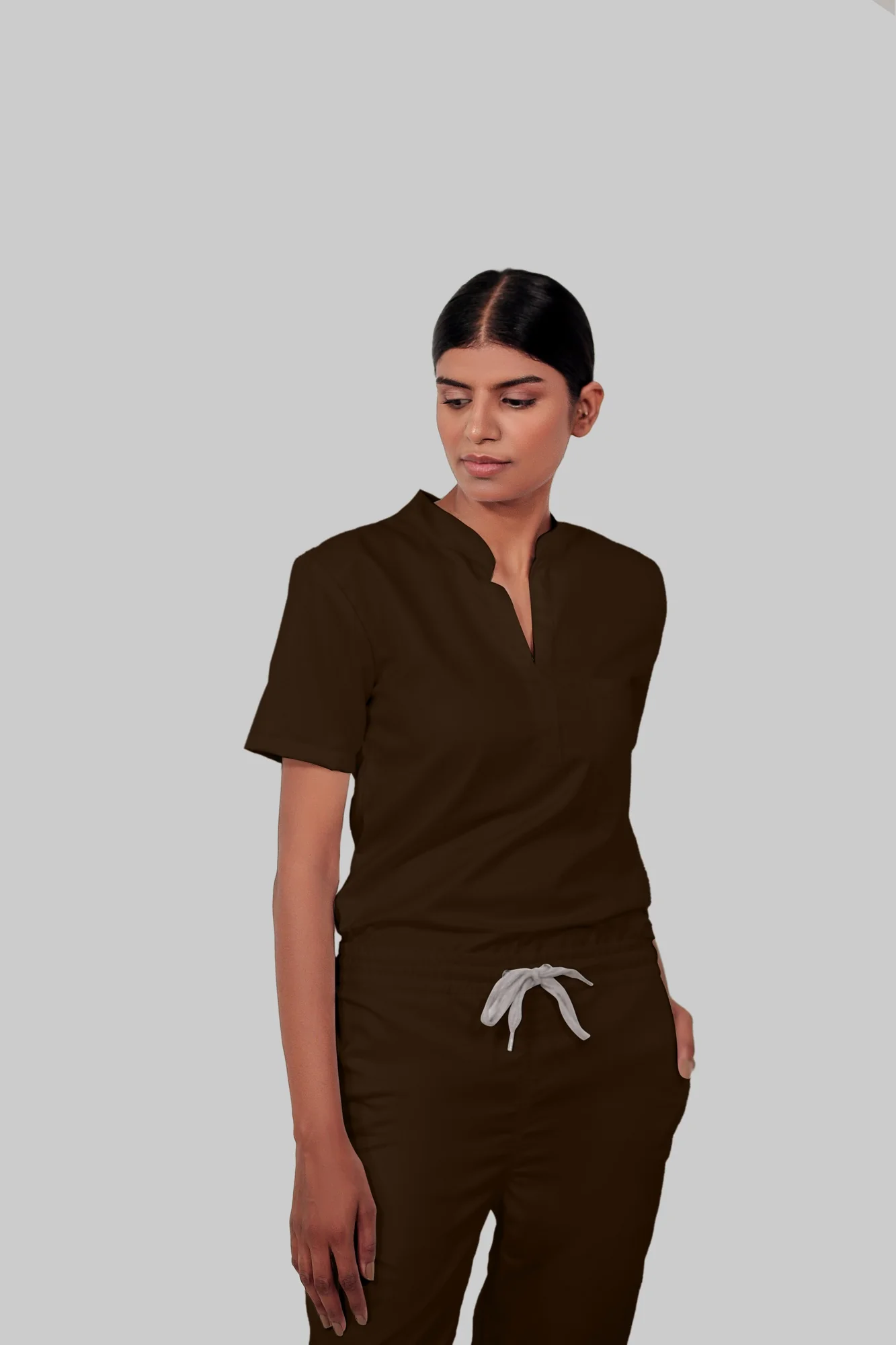 Stretchable (4Way) Women Brown Mandarin Neck With Straight Pant Scrub Set - Image 5