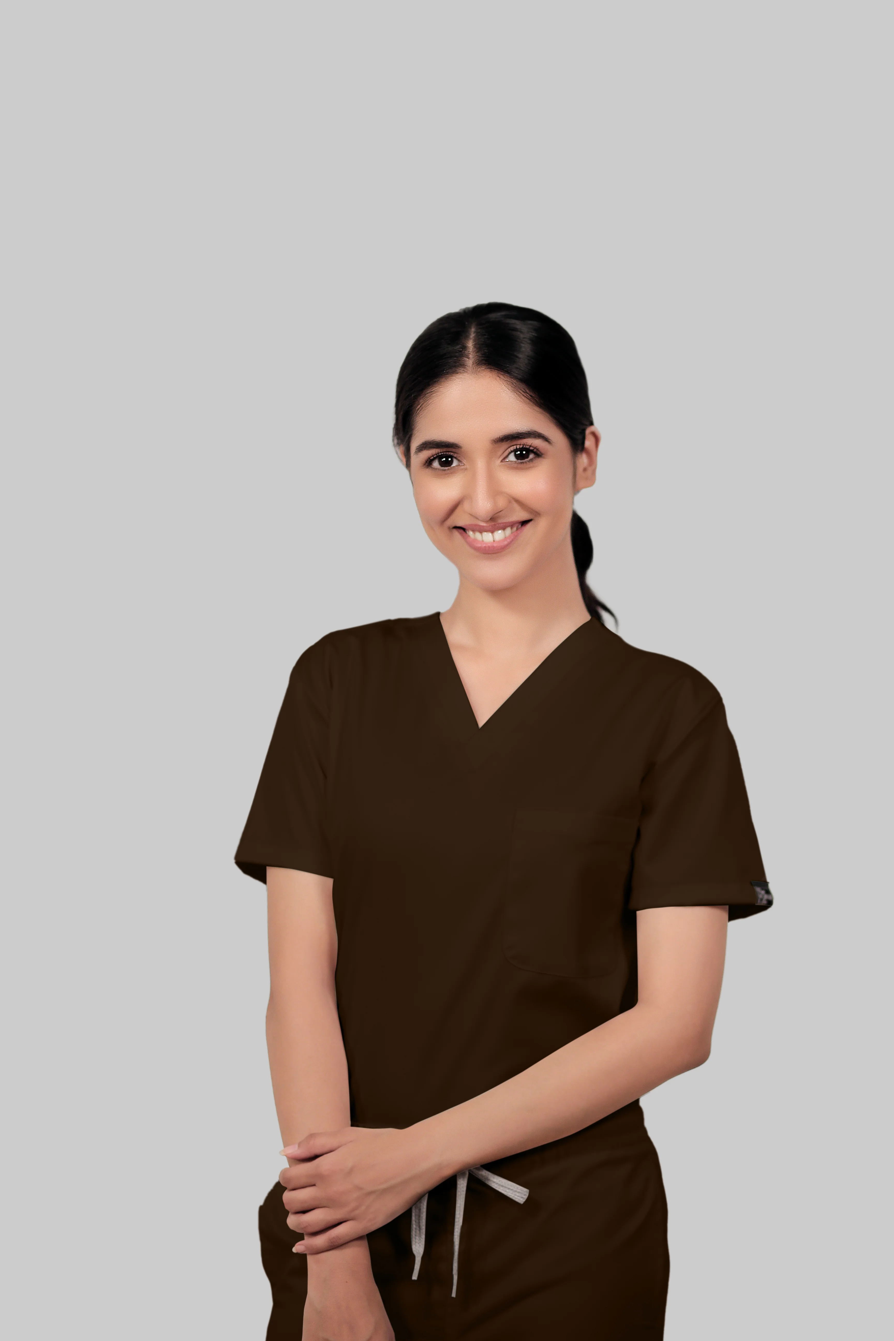 Stretchable (4Way) Women Brown V-Neck Scrub Top