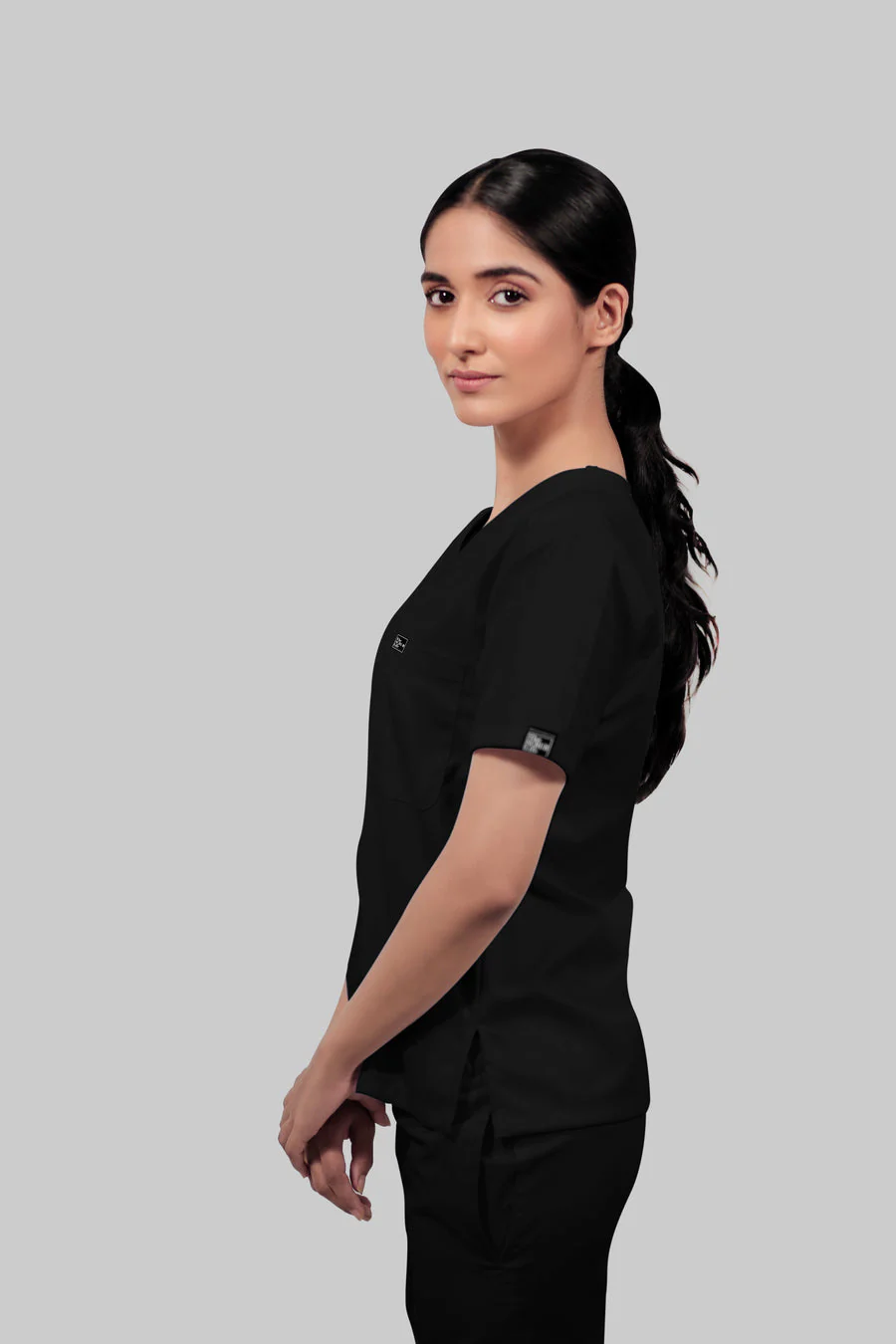 Stretchable (4Way) Women Black V-Neck With Jogger Scrub Set - Image 6