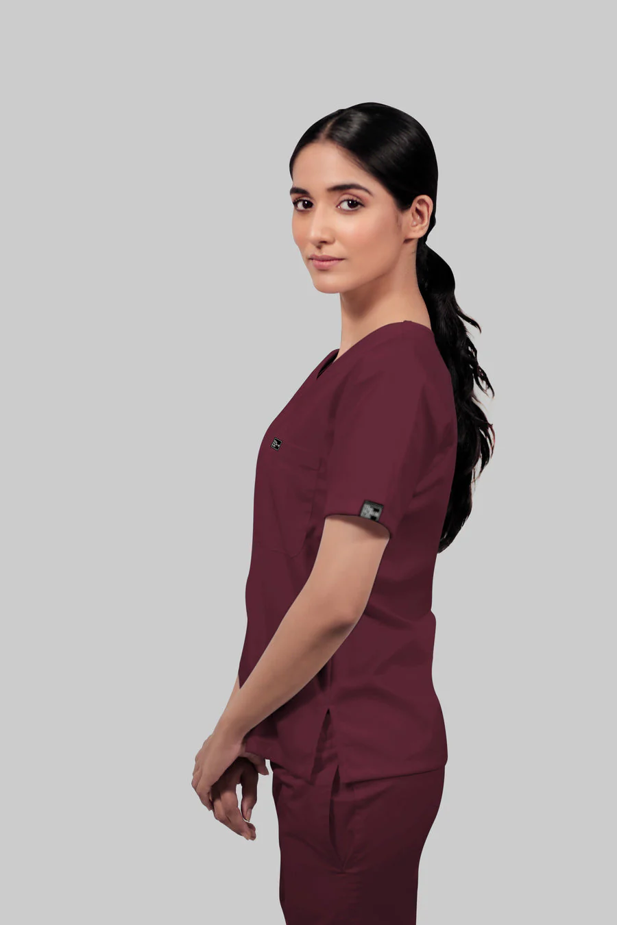 Stretchable (4Way) Women Burgundy V-Neck With Jogger Scrub Set - Image 5