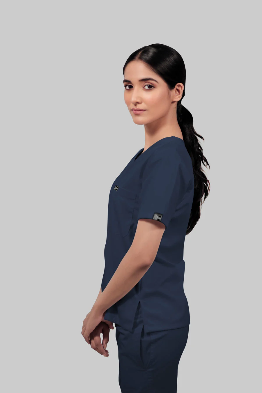 Stretchable (4Way) Women Navy Blue V-Neck With Jogger Scrub Set - Image 7