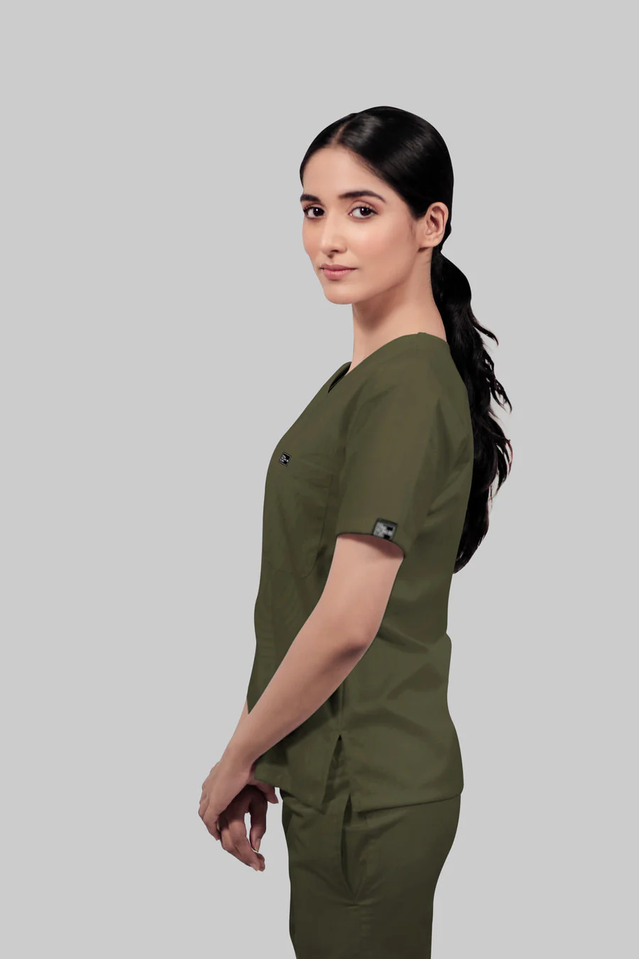Stretchable (4Way) Women Olive Green V-Neck With Jogger Scrub Set - Image 6