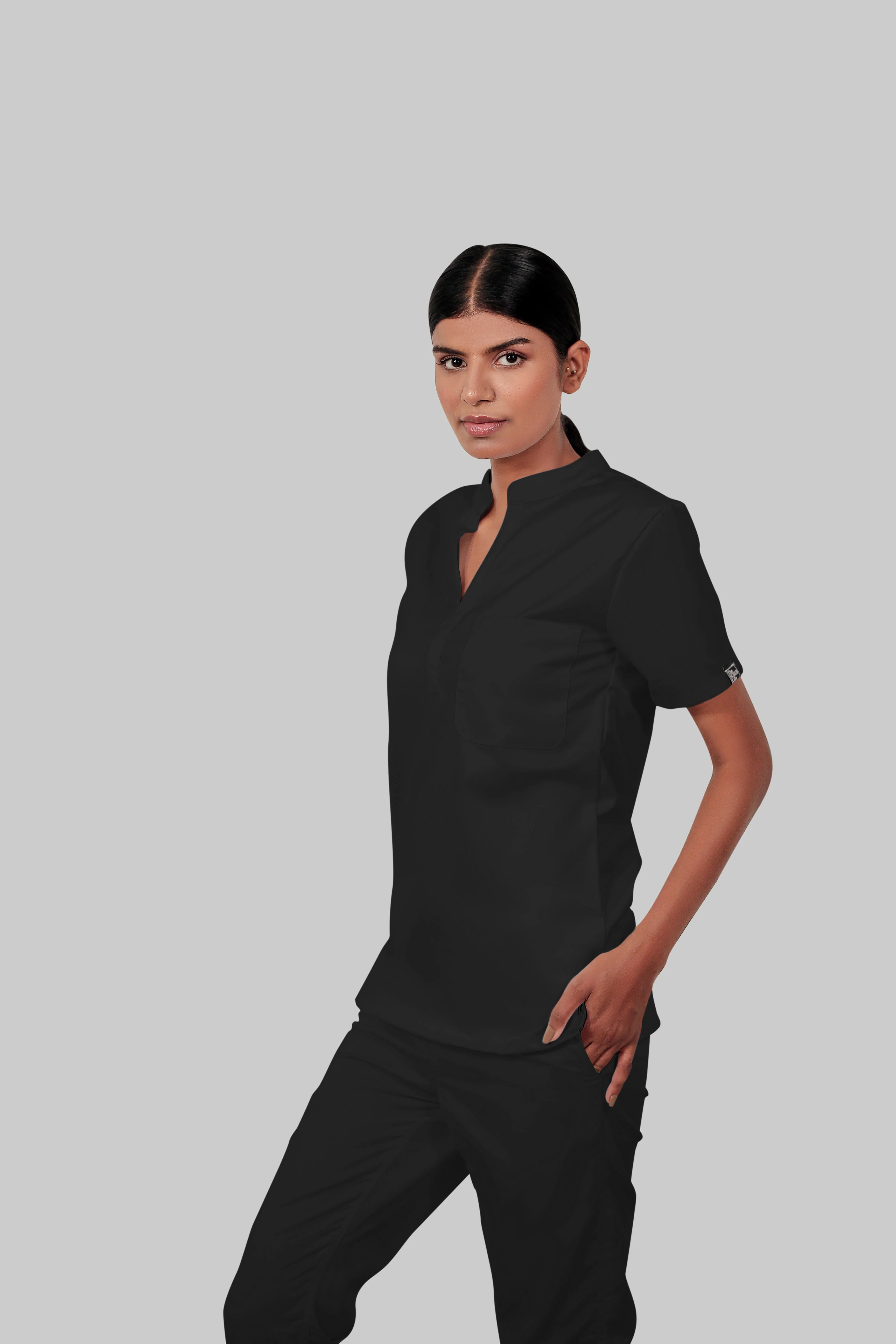 Stretchable (4Way) Women Black Mandarin Neck With Jogger Scrub Set - Image 5