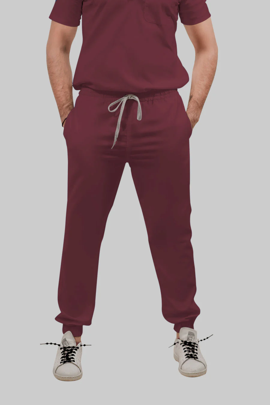 Stretchable (4Way) Women Burgundy Mandarin Neck With Jogger Scrub Set - Image 3