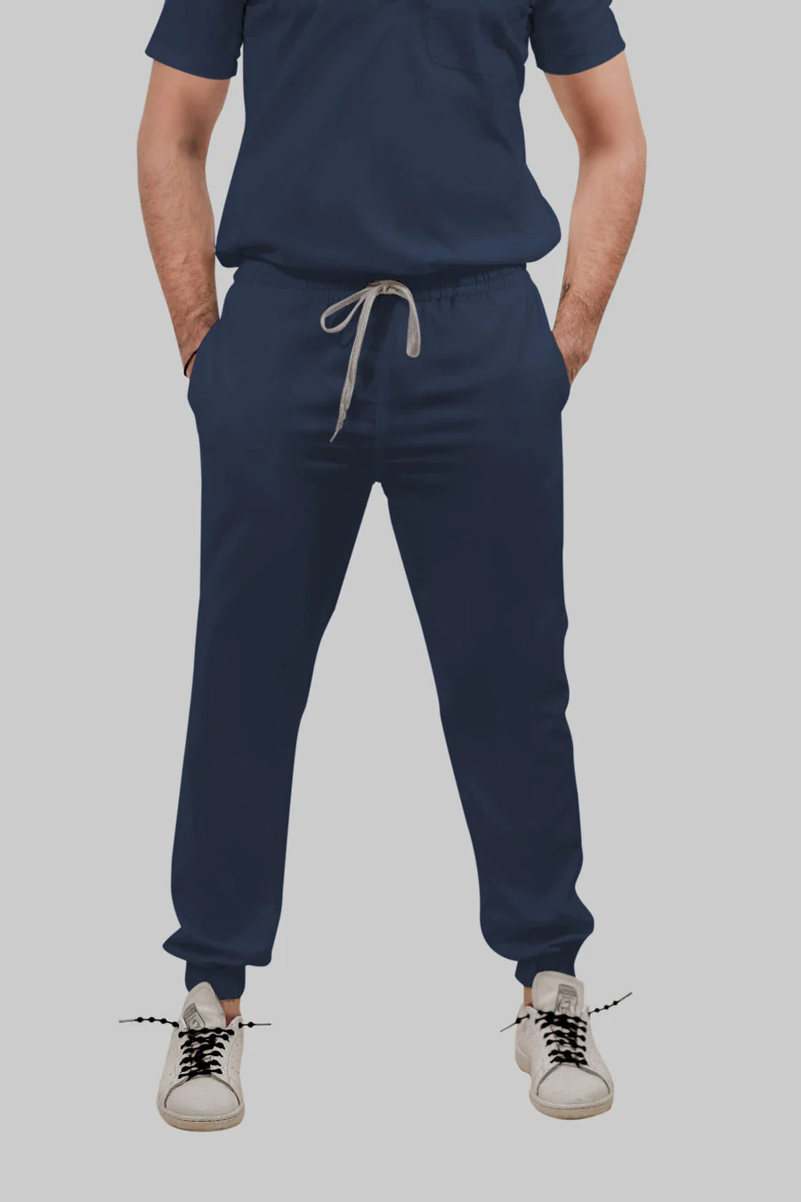 Stretchable (4way) Women Navy Blue Mandarin Neck With Jogger Scrub Set - Image 4
