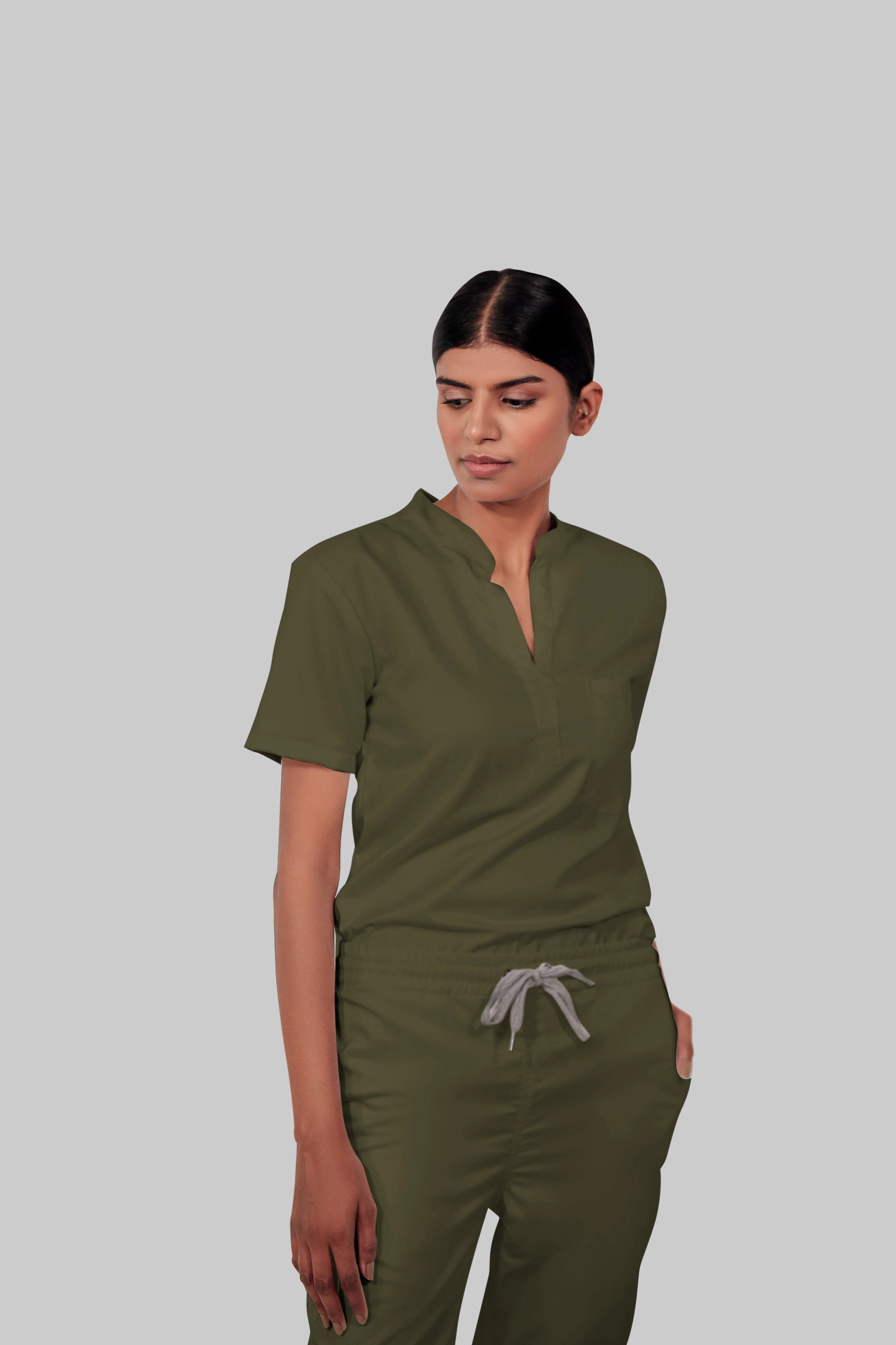 Stretchable (4Way) Women Olive Green Mandarin Neck With Jogger Scrub Set - Image 2