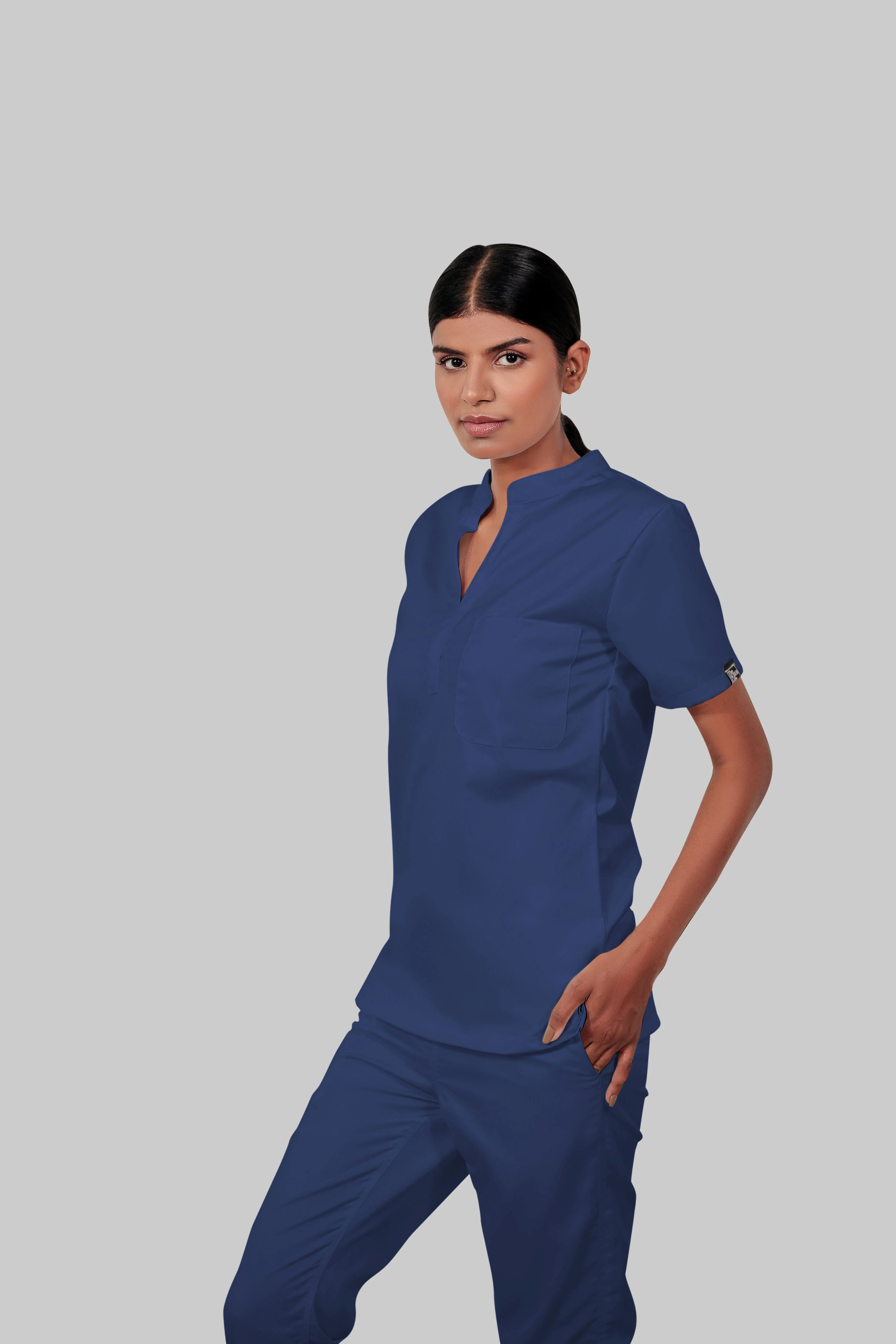Stretchable (4Way) Women Royal Blue Mandarin Neck With Jogger Scrub Set - Image 5