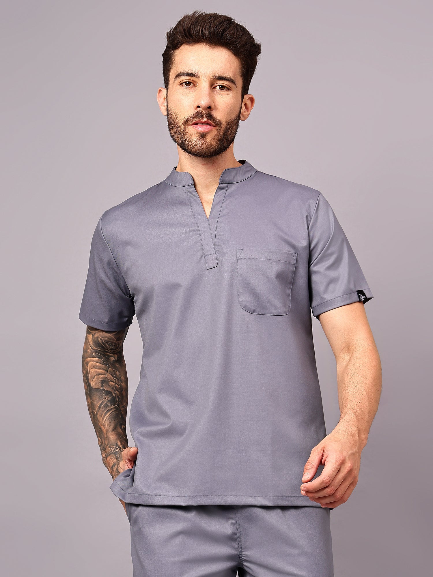 Stretchable (2Way) Men Graphite Mandarin Neck Scrub Top - Image 3