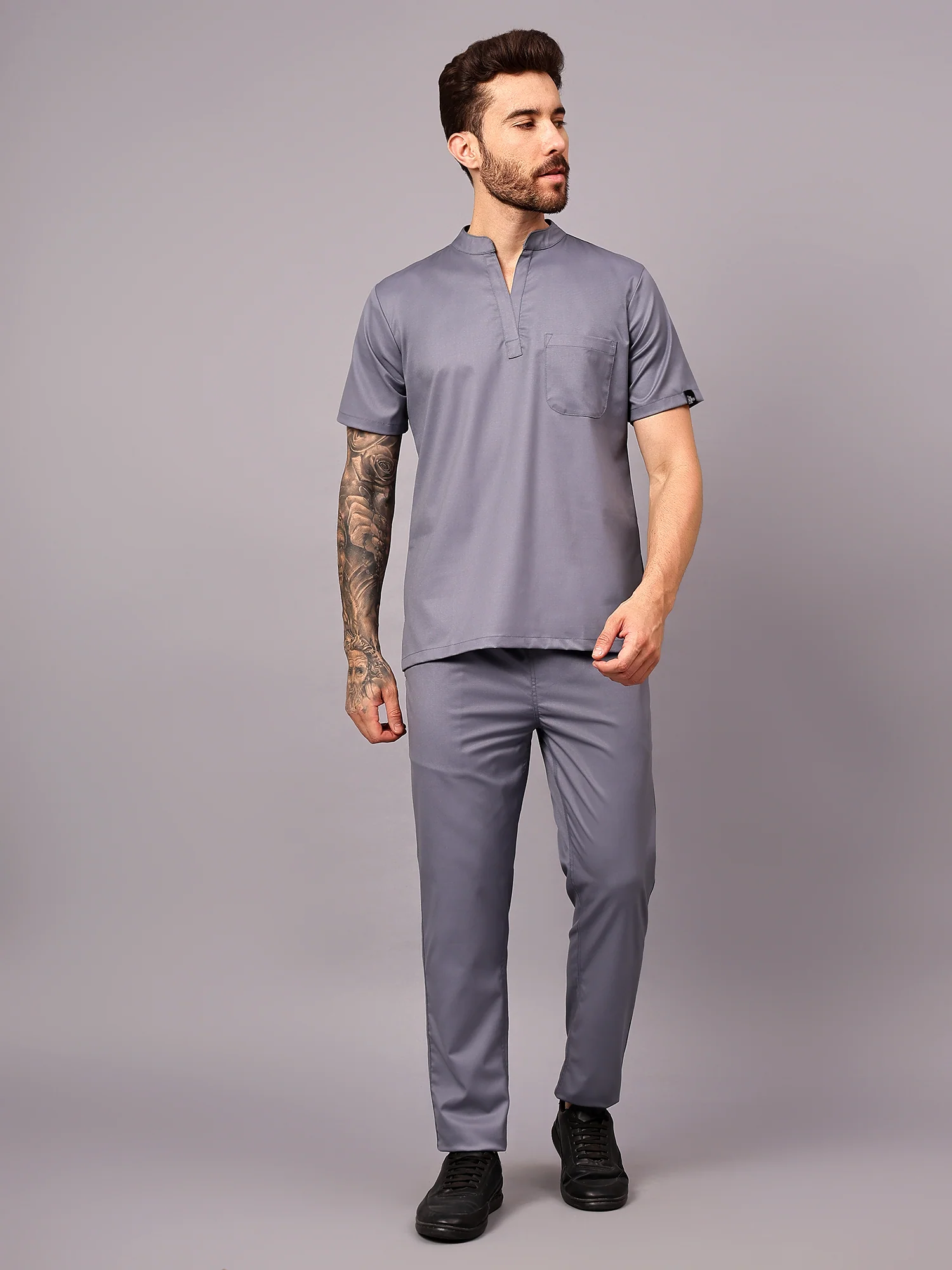 Stretchable (2Way) Men Graphite Mandarin Neck With Straight Pant Scrub Set