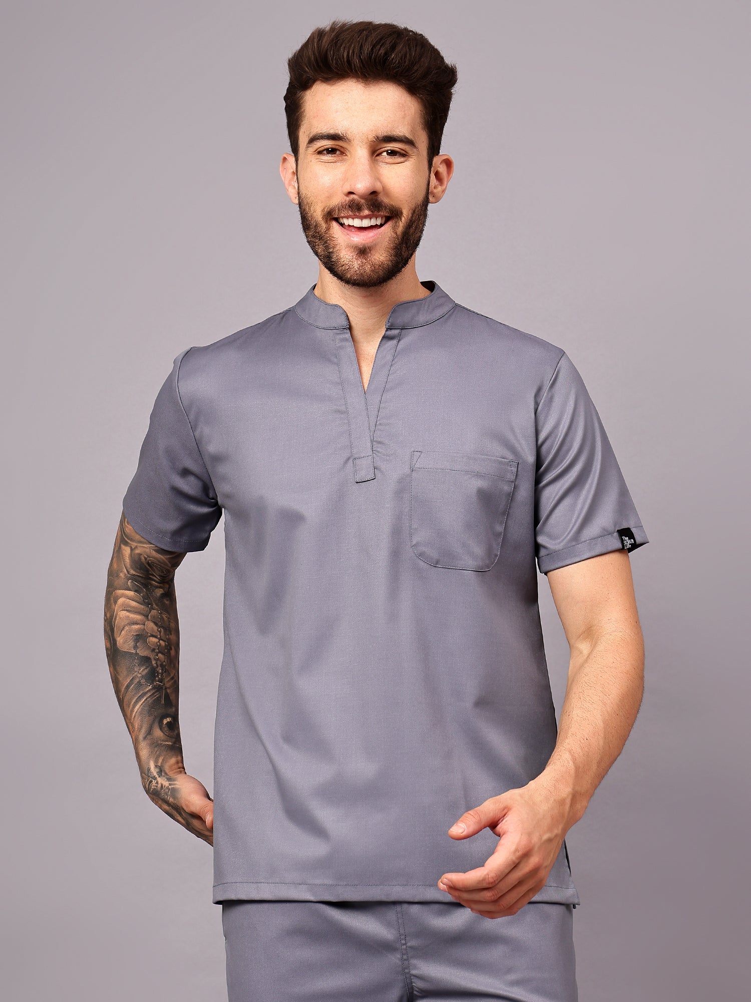 Stretchable (2Way) Men Graphite Mandarin Neck With Straight Pant Scrub Set - Image 2