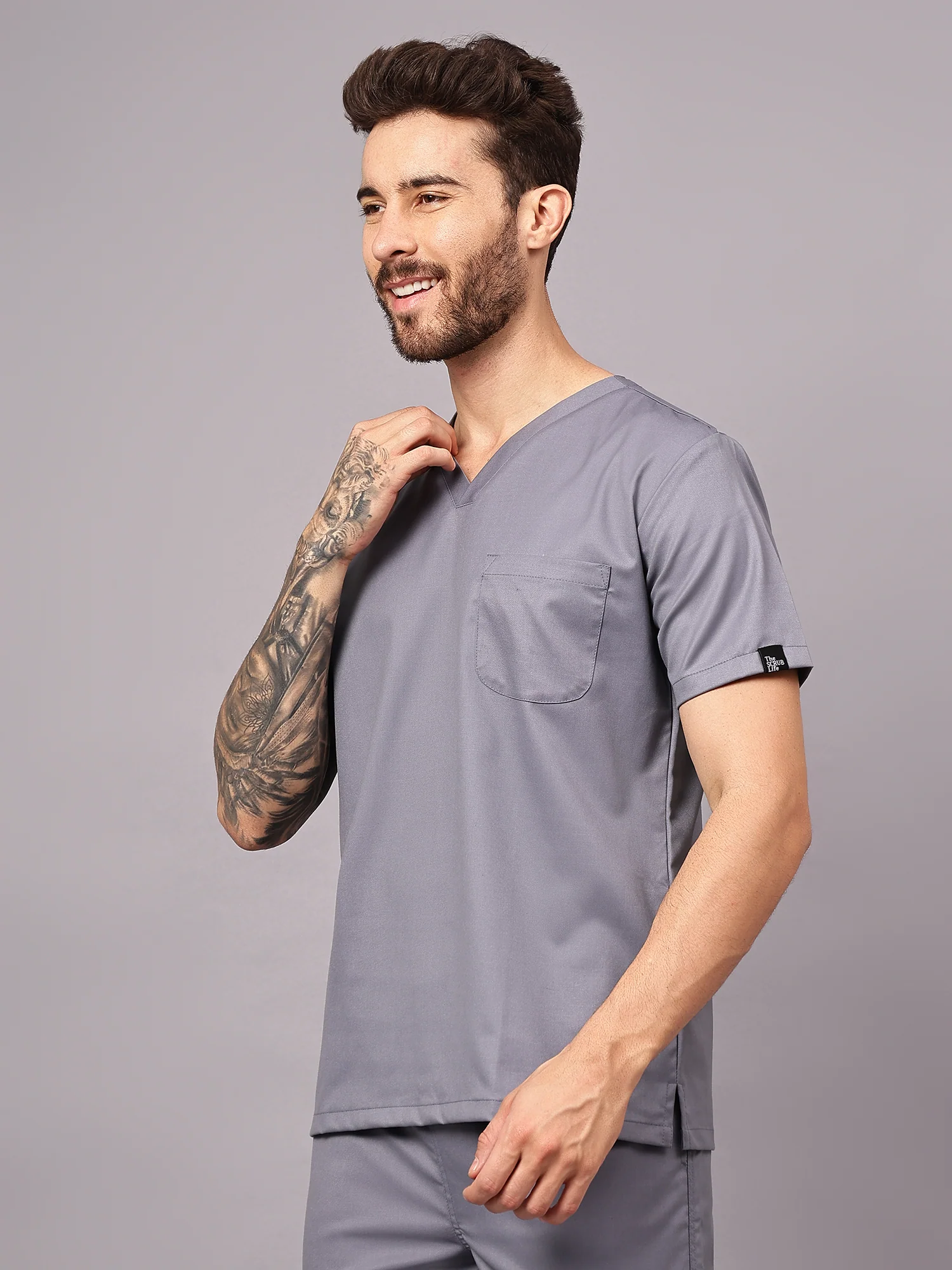 Stretchable (2Way) Men Graphite V-Neck Scrub Top - Image 2
