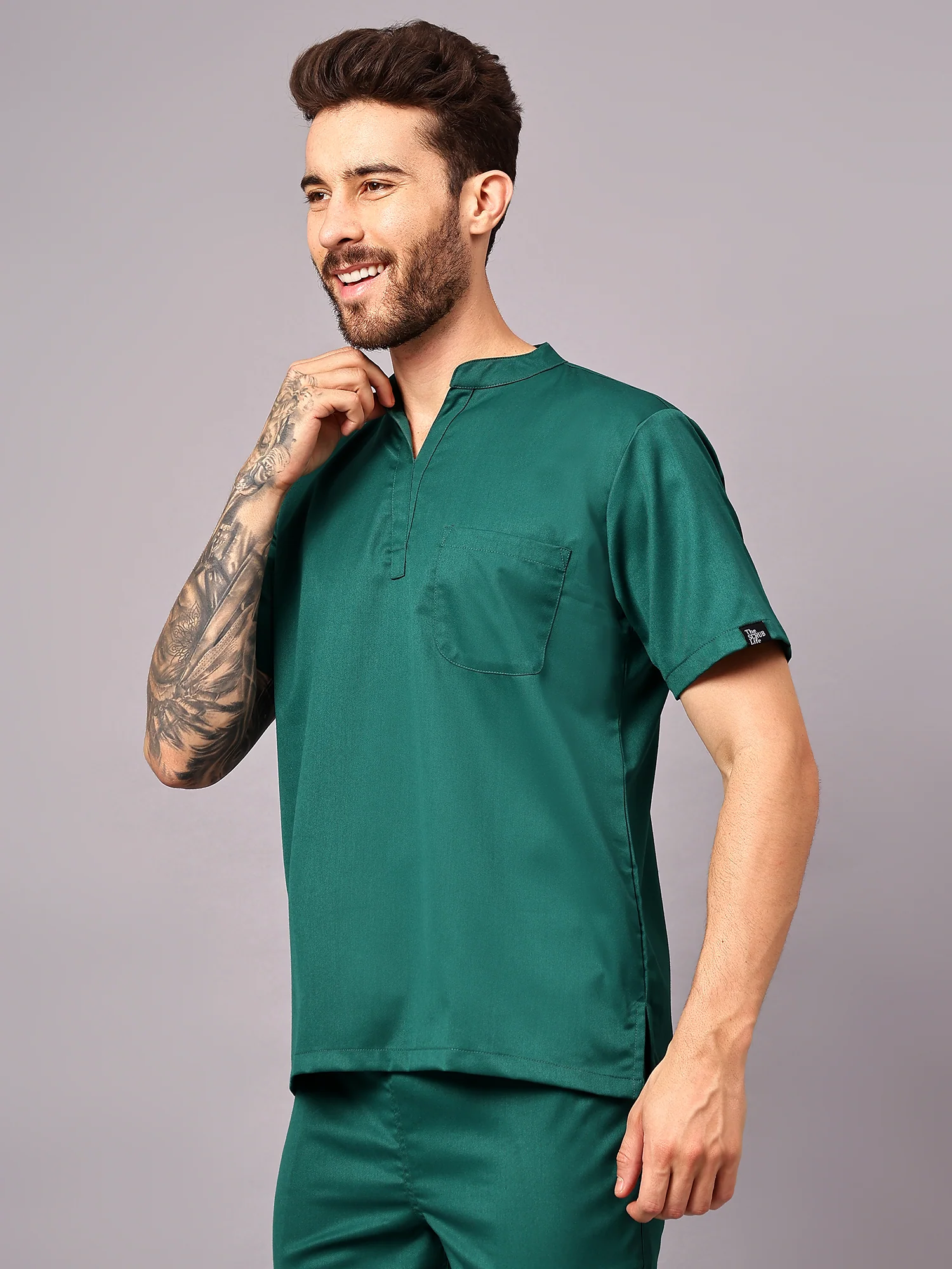 Stretchable (2Way) Men Hunter Green Mandarin Neck Scrub Top - Image 2