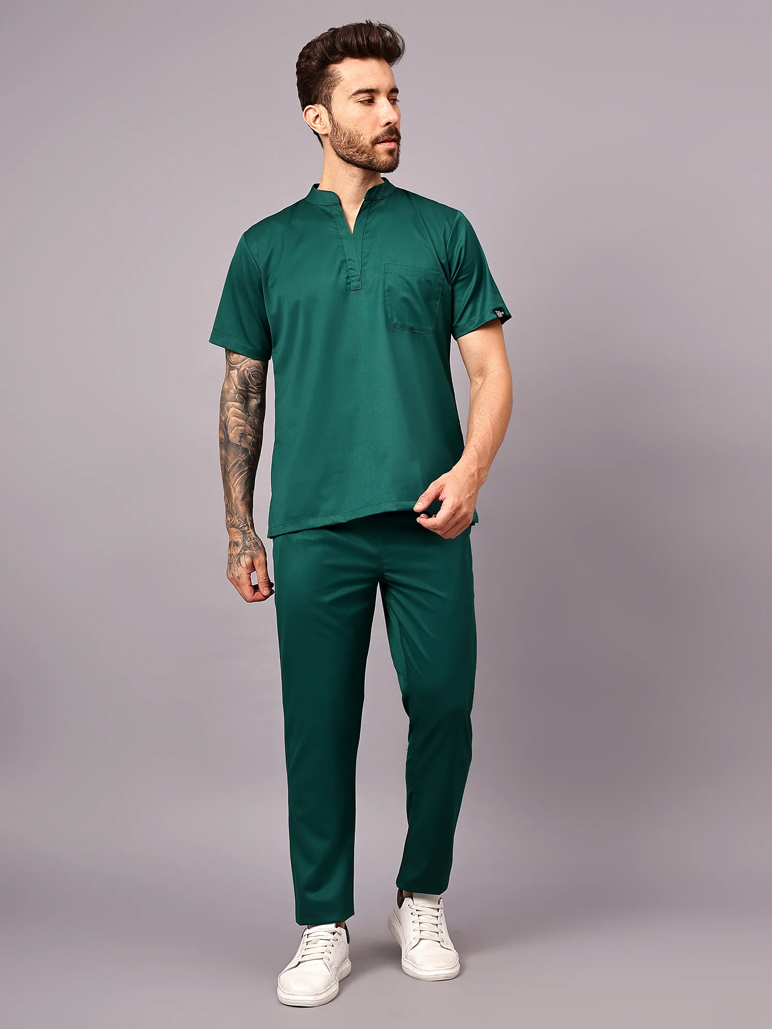 Stretchable (2Way) Men Hunter Green Mandarin Neck With Straight Pant Scrub Set