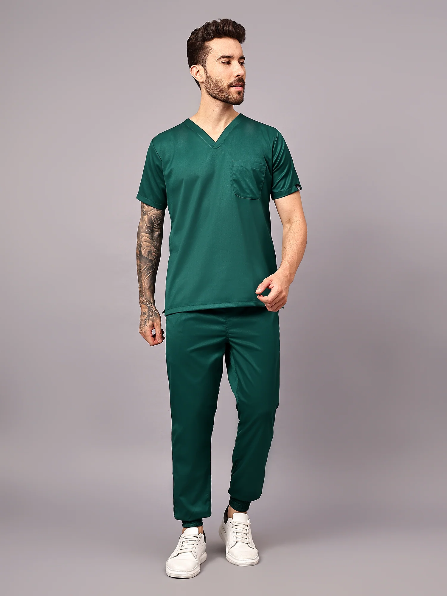 Stretchable (2Way) Men Hunter Green V-Neck With Jogger Scrub Set