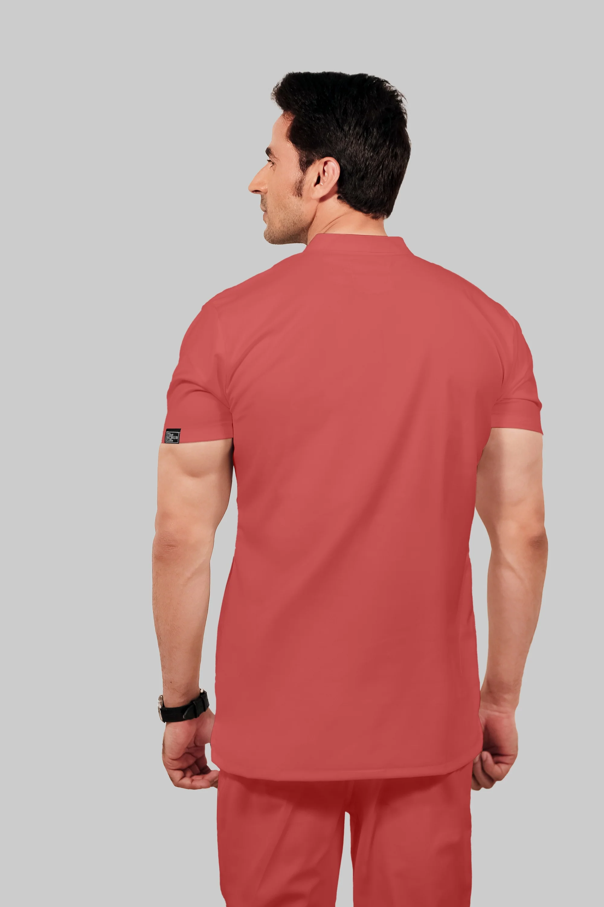 Stretchable (2Way) Men Peach Mandarin Neck With Jogger Scrub Set - Image 2