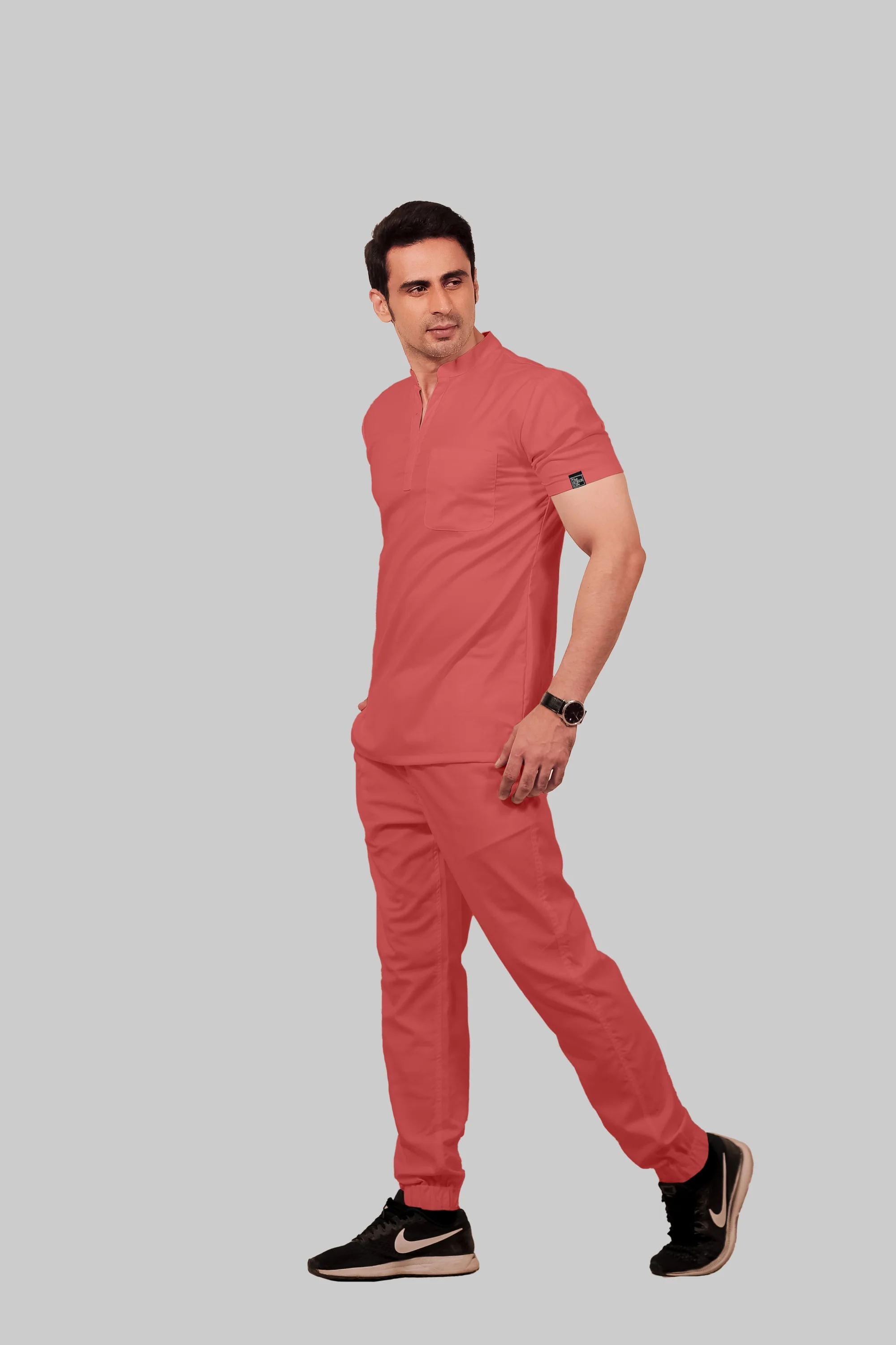 Stretchable (2Way) Men Peach Mandarin Neck With Jogger Scrub Set - Image 4