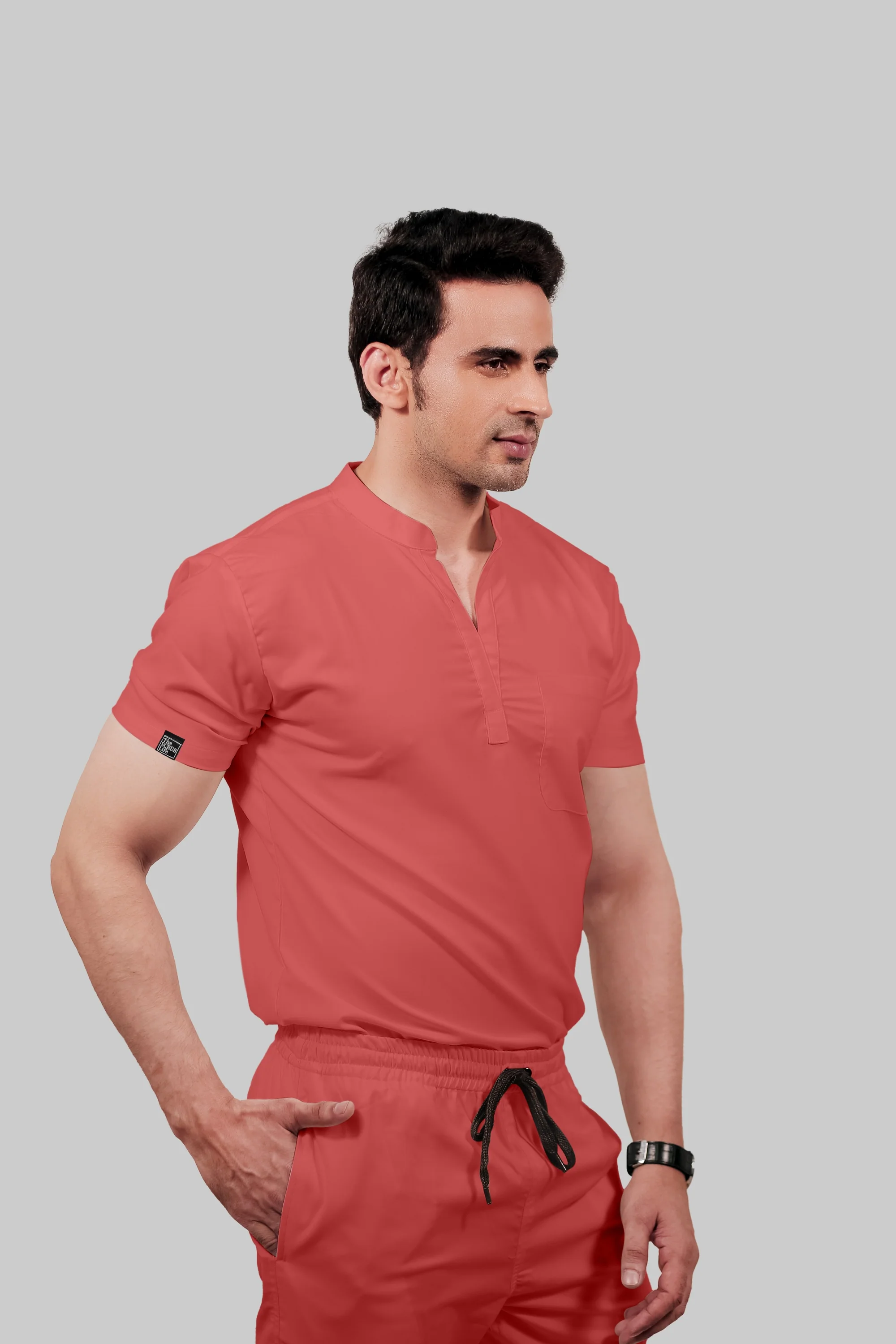 Stretchable (2Way) Men Peach Mandarin Neck With Jogger Scrub Set - Image 5