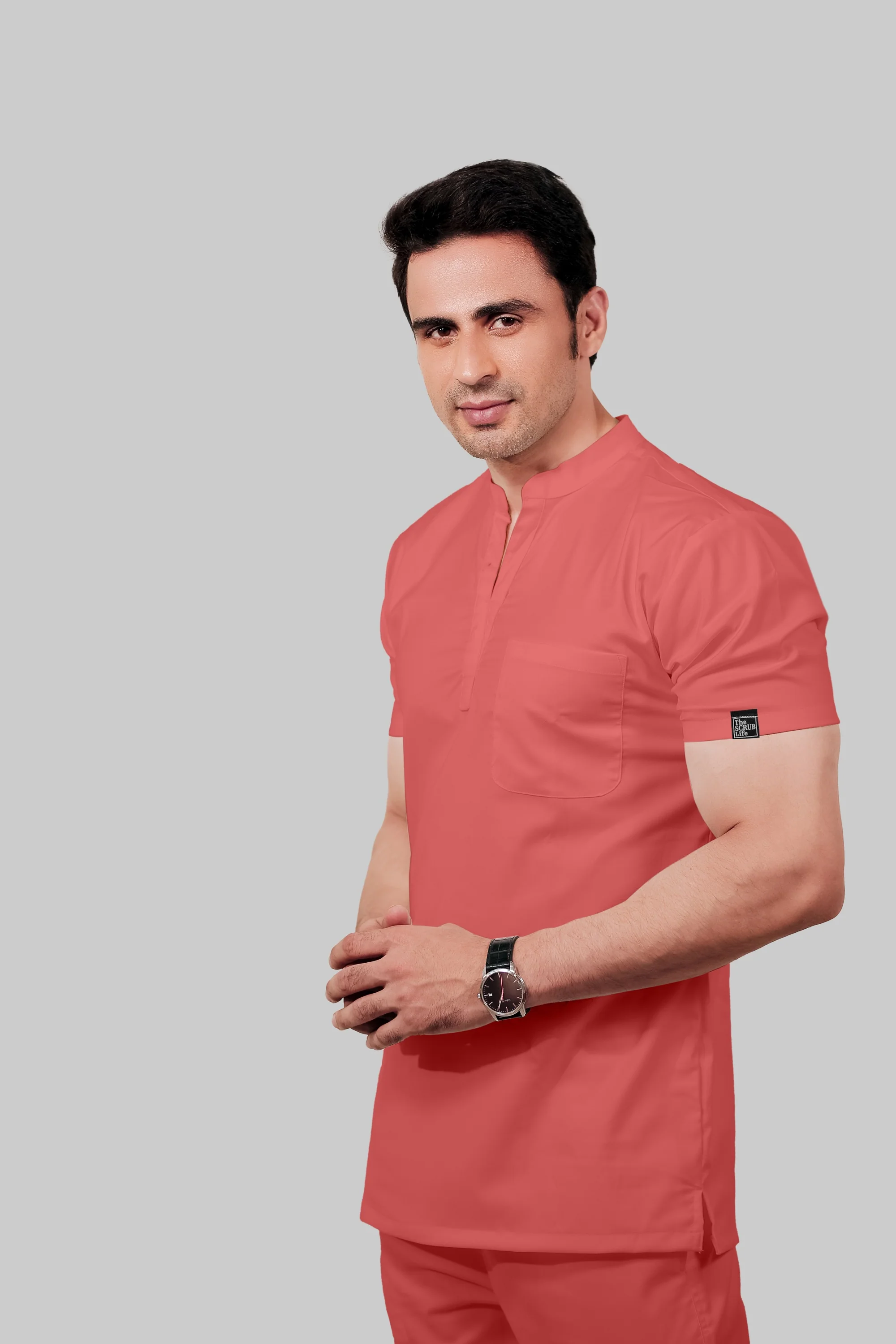 Stretchable (2Way) Men Peach Mandarin Neck With Jogger Scrub Set - Image 7