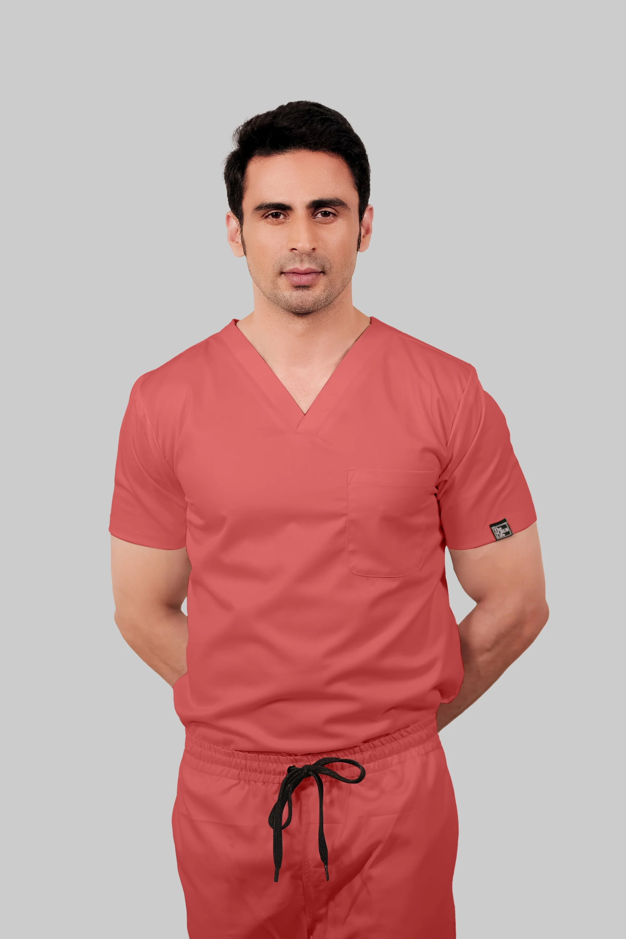 Stretchable (2Way) Men Peach V-Neck Scrub Top - Image 3