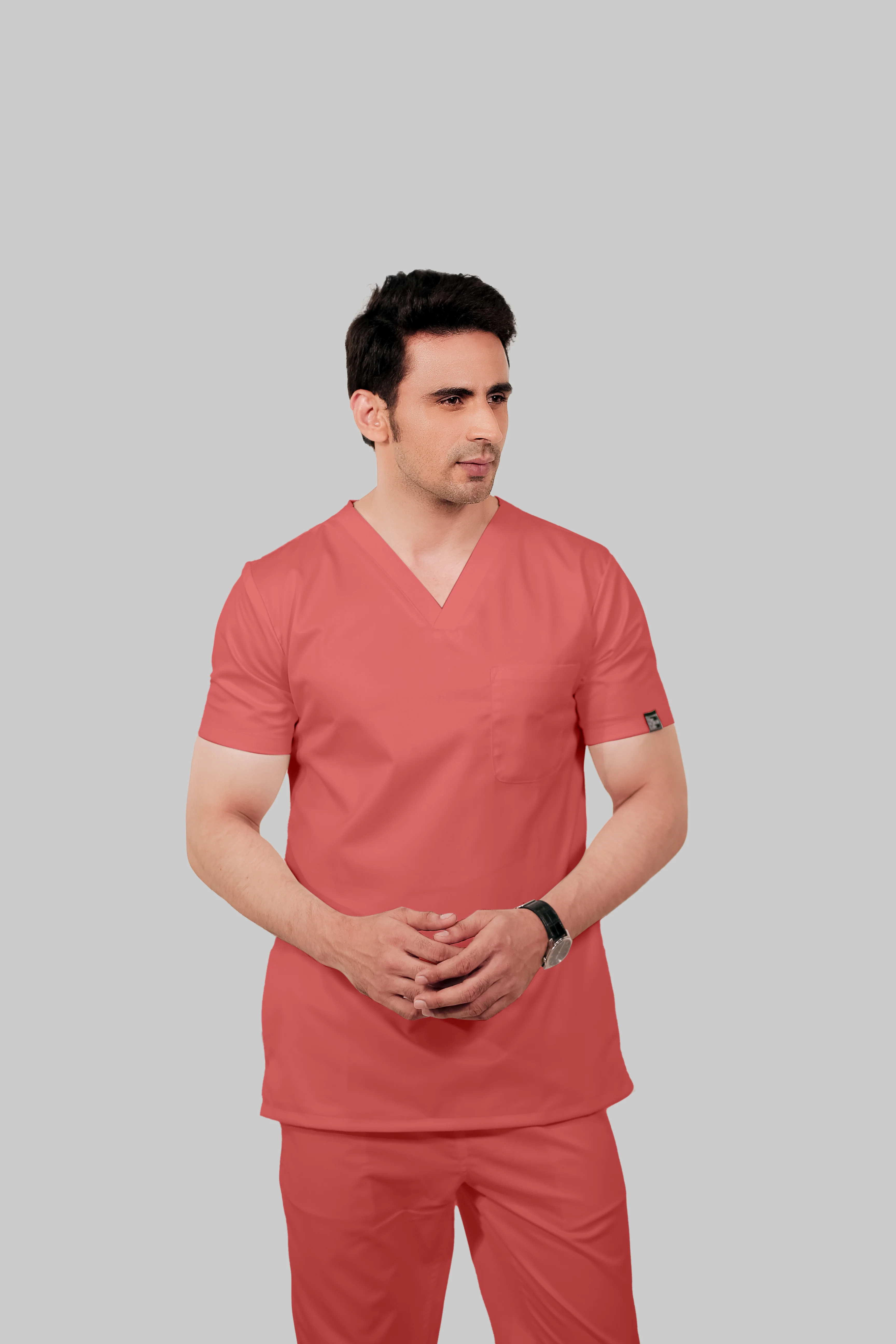 Stretchable (2Way) Men Peach V-Neck With Straight Pant Scrub Set - Image 6