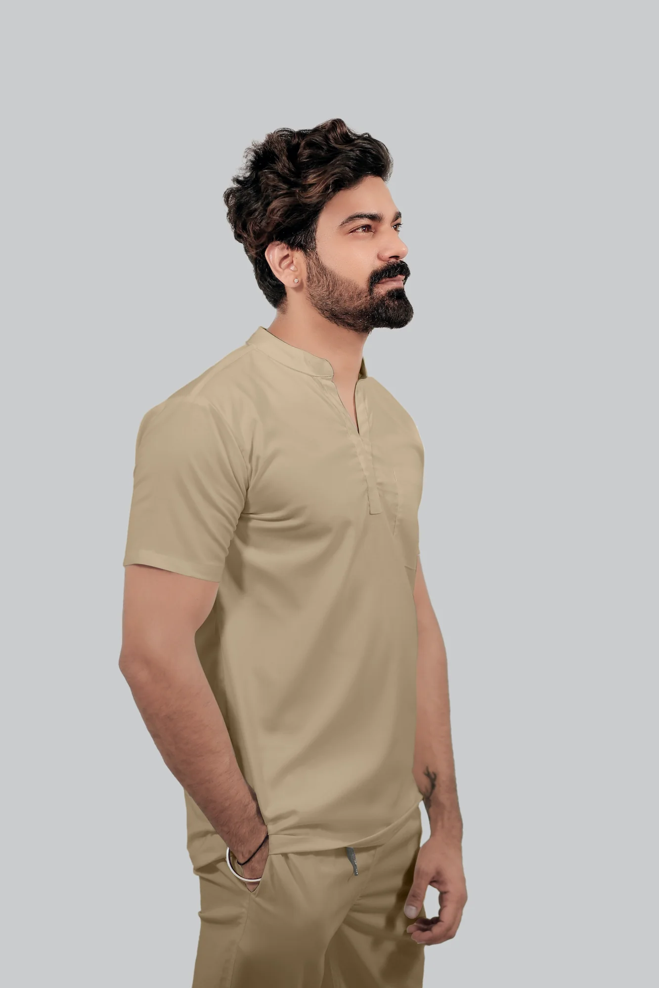Stretchable (4Way) Men Beige Mandarin Neck with Jogger Scrub Set - Image 3