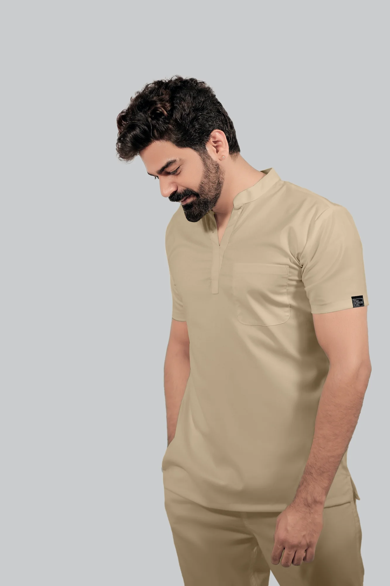 Stretchable (4Way) Men Beige Mandarin Neck with Jogger Scrub Set - Image 6