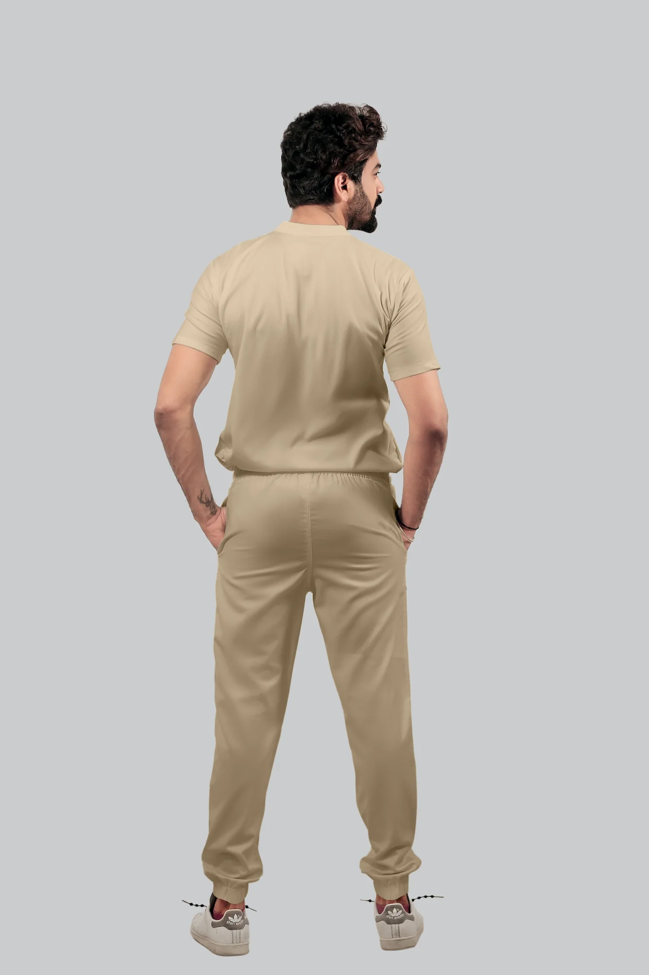 Stretchable (4Way) Men Beige Mandarin Neck with Jogger Scrub Set - Image 7