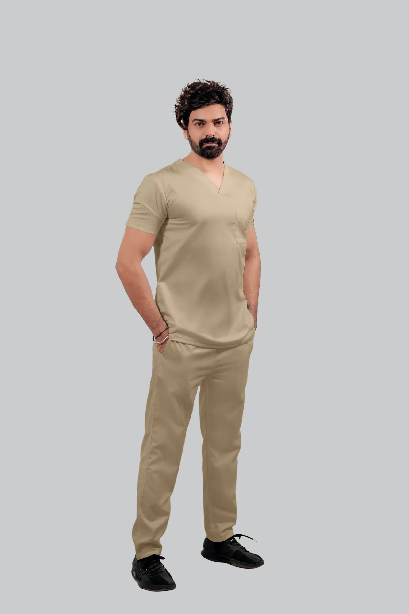 Stretchable (4Way) Men Beige V-Neck With Jogger Scrub Set - Image 3