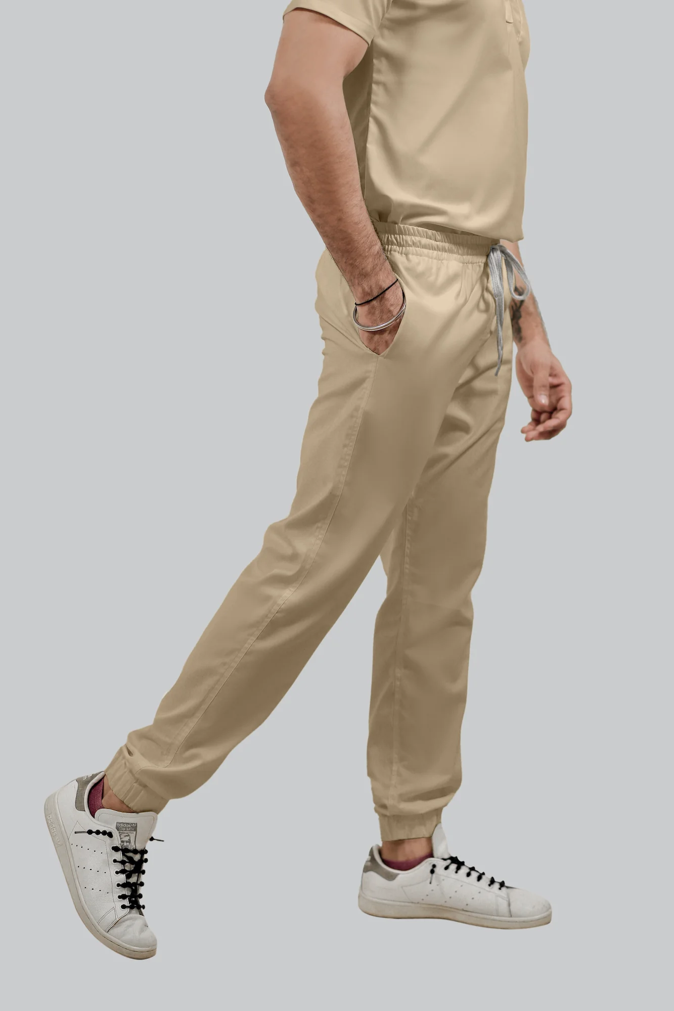 Stretchable (4Way) Men Beige V-Neck With Jogger Scrub Set - Image 4