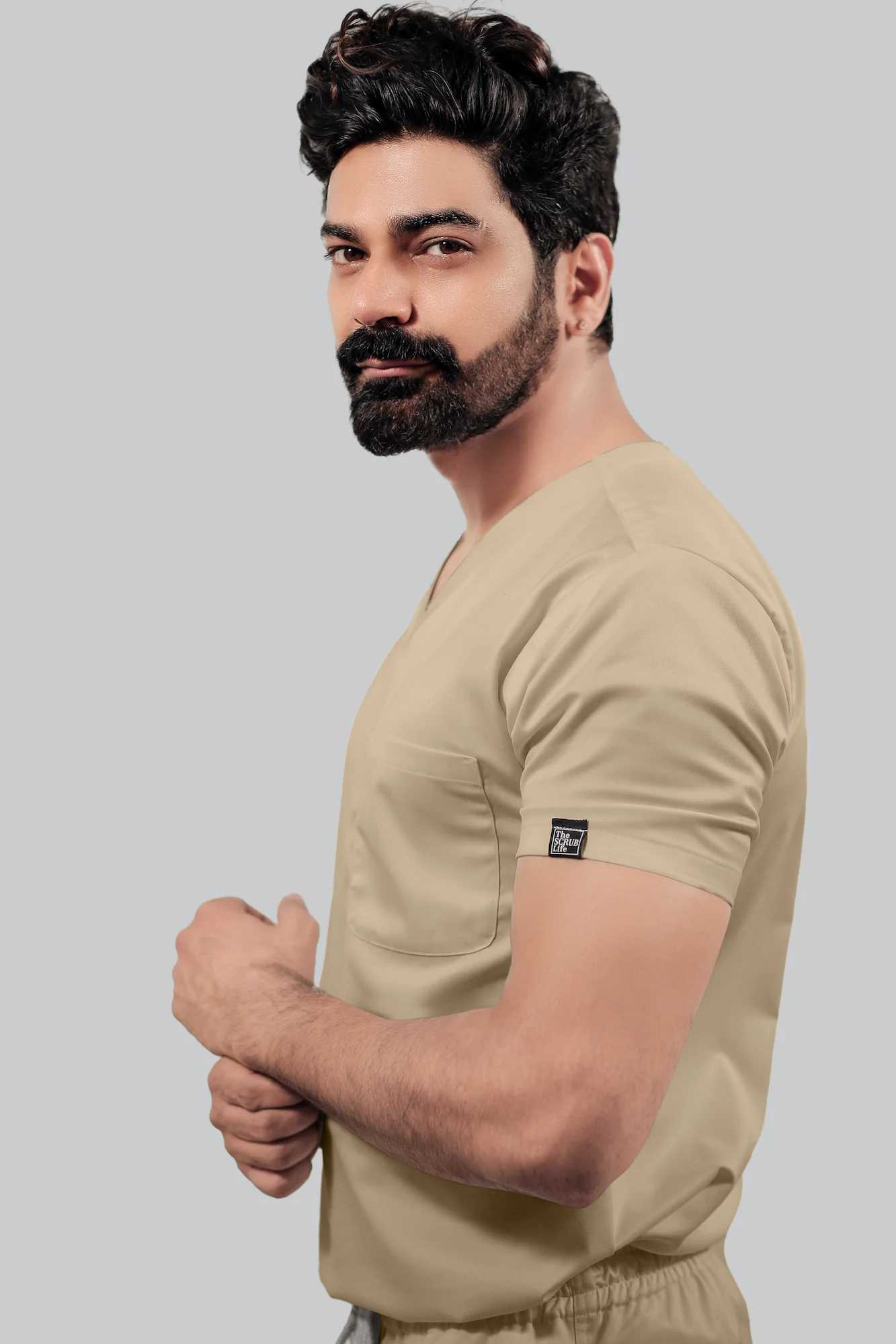 Stretchable (4Way) Men Beige V-Neck With Jogger Scrub Set - Image 7