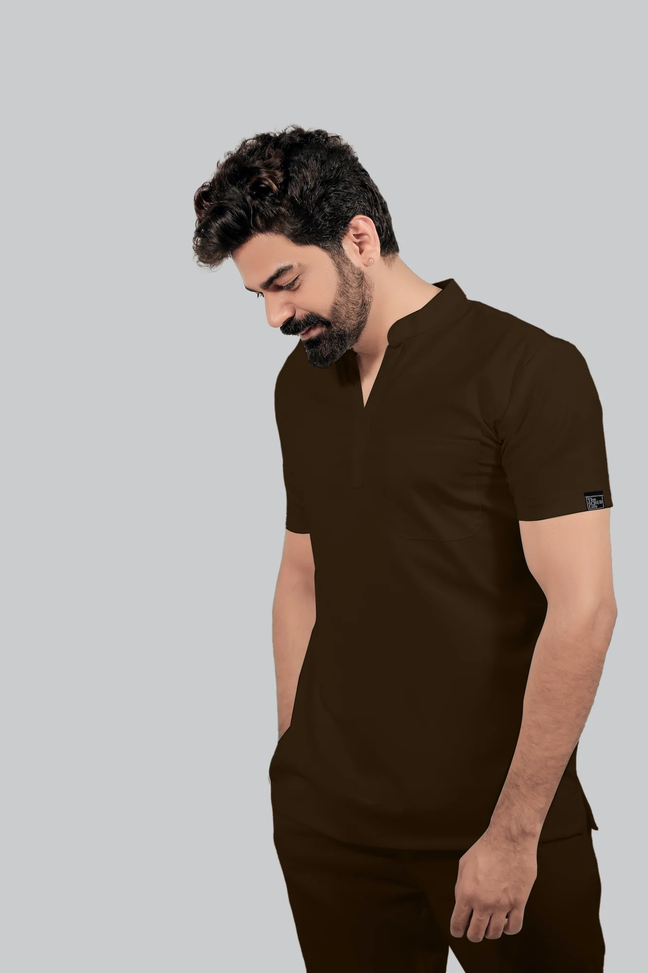 Stretchable (4Way) Men Brown Mandarin Neck with Straight Pant Scrub Set - Image 4
