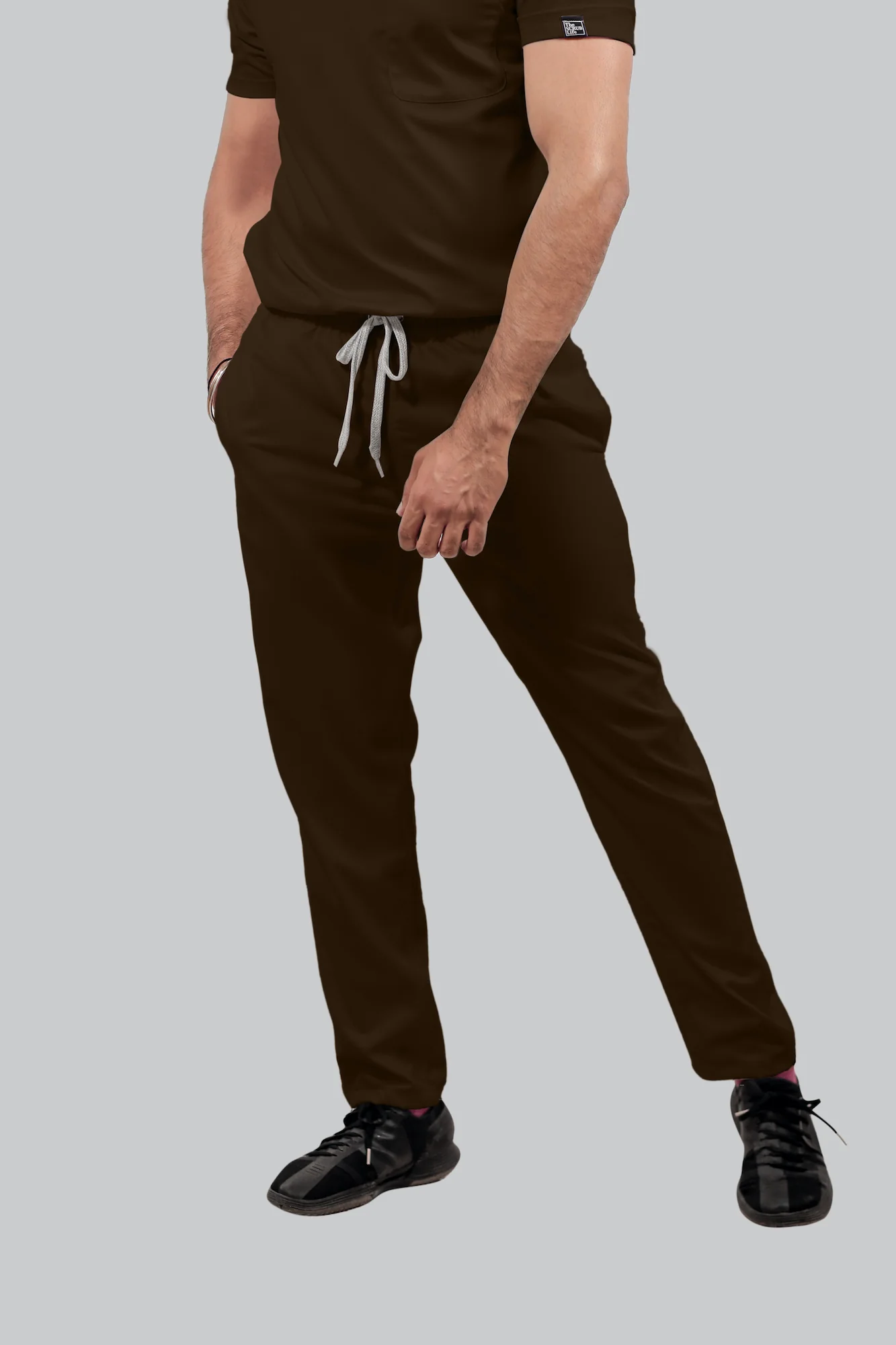Stretchable (4Way) Men Brown Mandarin Neck with Straight Pant Scrub Set - Image 5