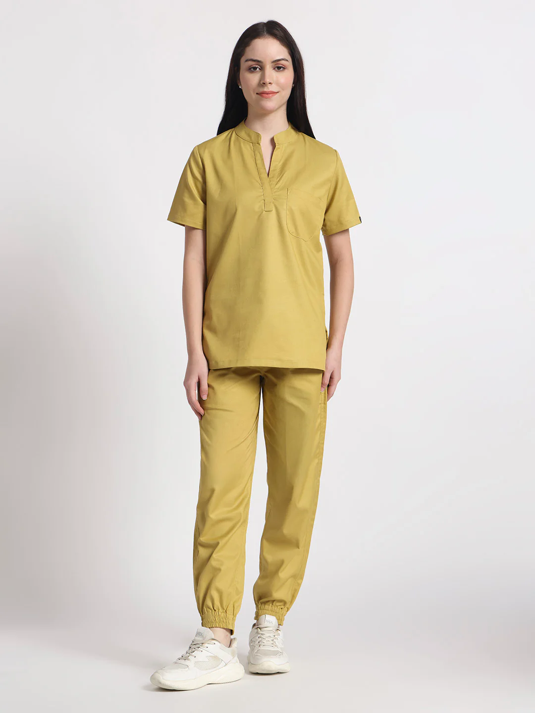 Stretchable (2Way) Women Mustard Mandarin Neck With Jogger Scrub Set - Image 3