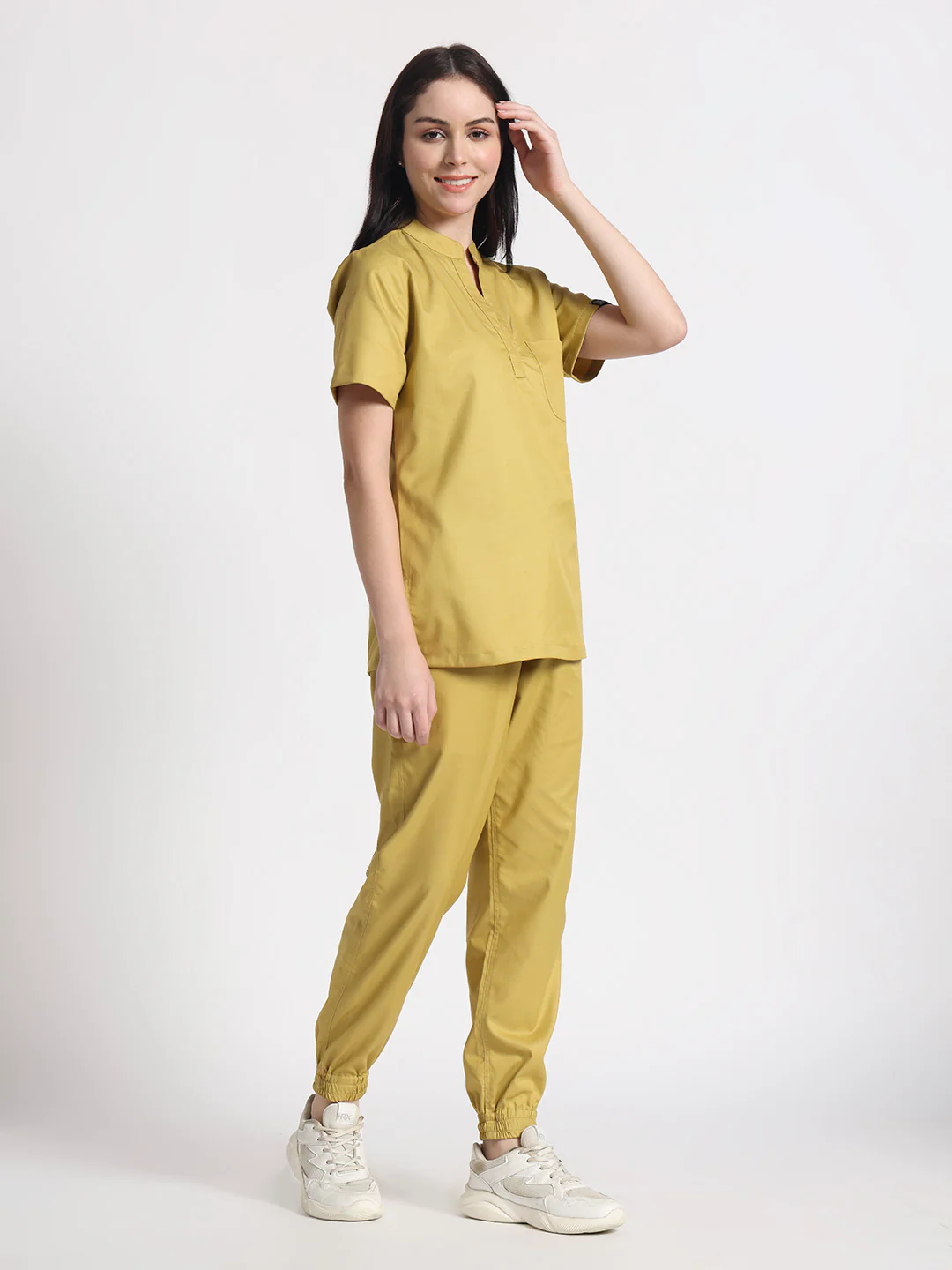 Stretchable (2Way) Women Mustard Mandarin Neck With Jogger Scrub Set - Image 4
