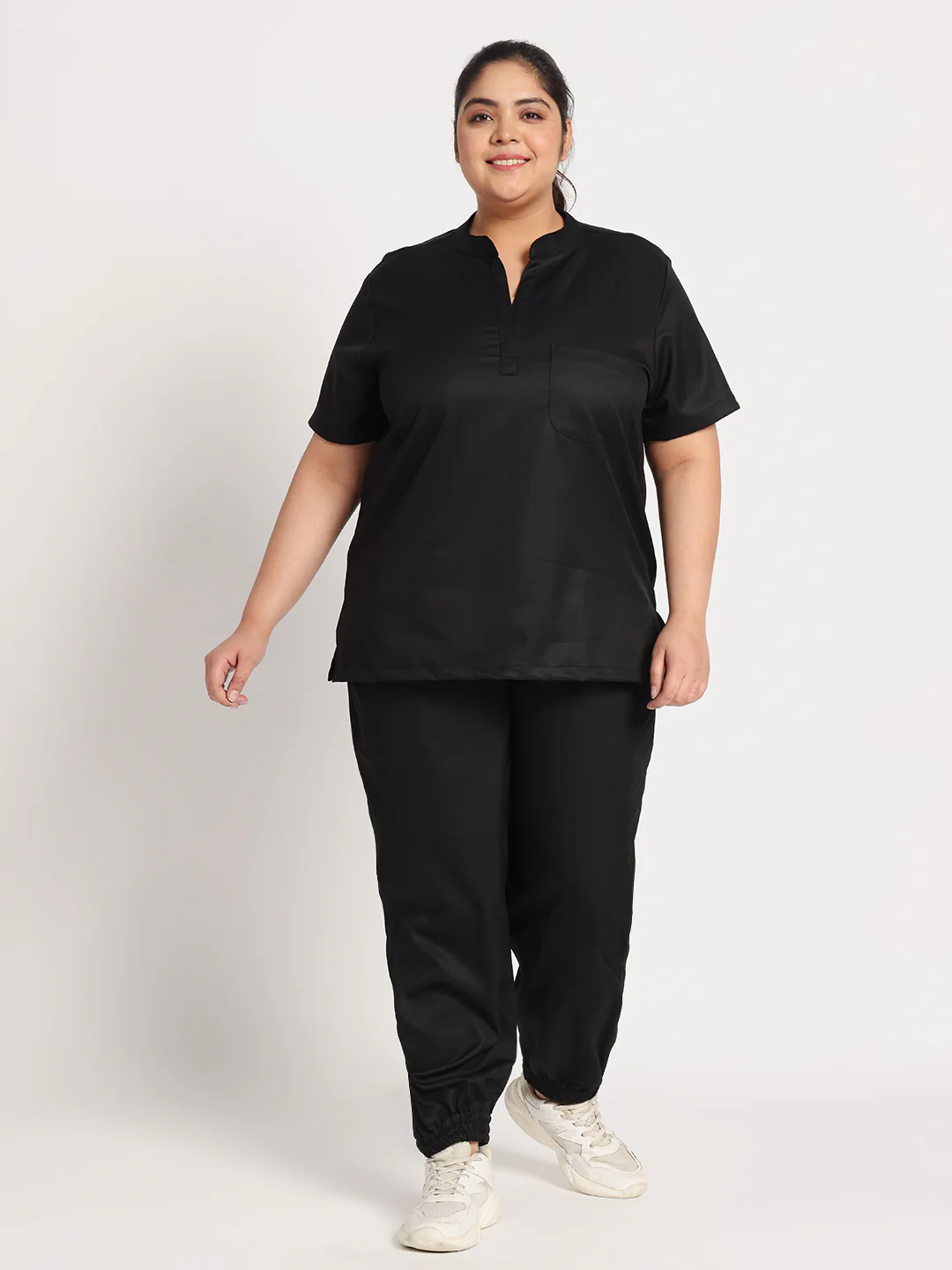 Stretchable (2Way) Women Black Mandarin Neck With Jogger Scrub Set - Image 2