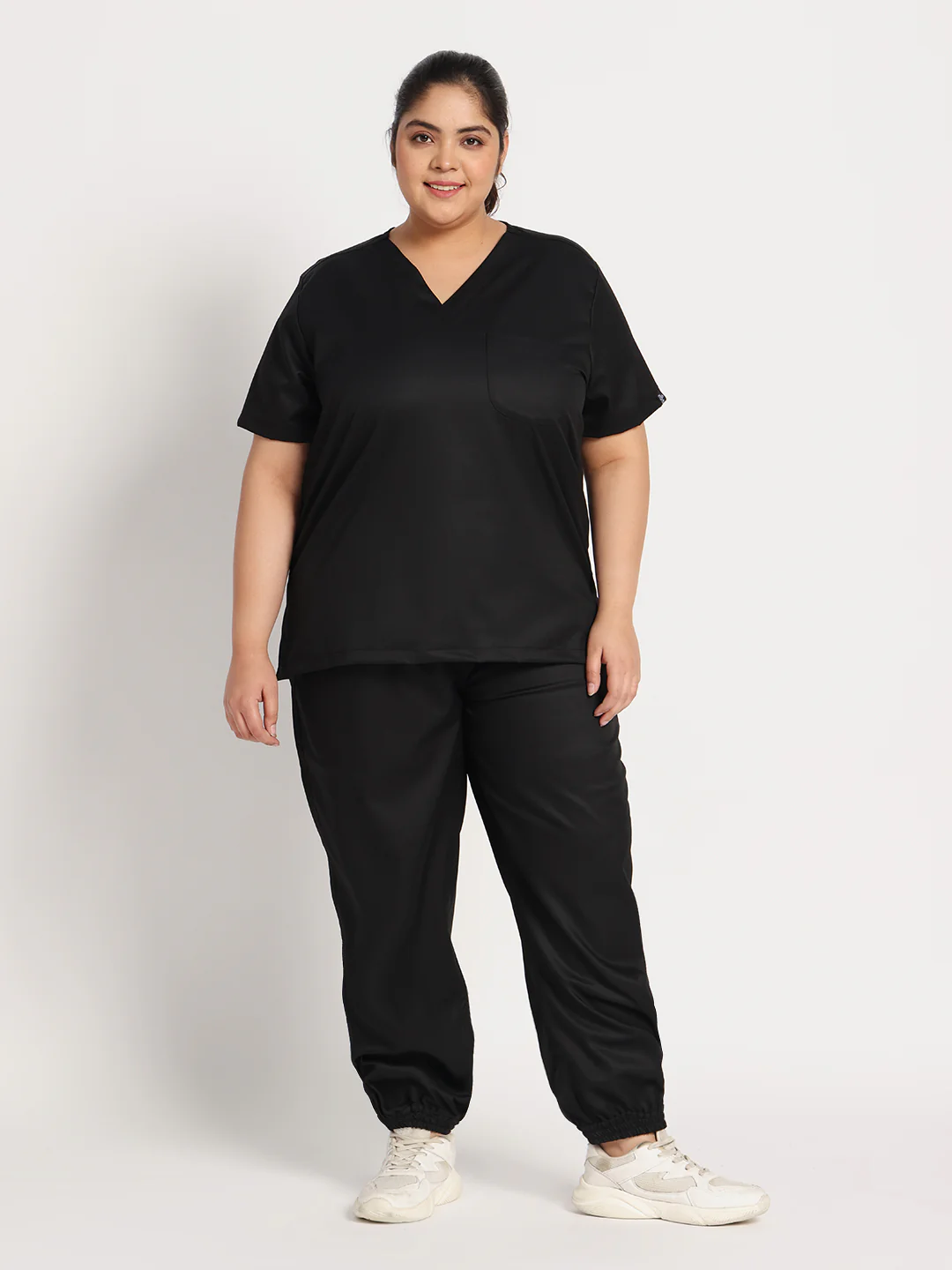 Stretchable (2Way) Women Black V-Neck With Jogger Scrub Set - Image 2