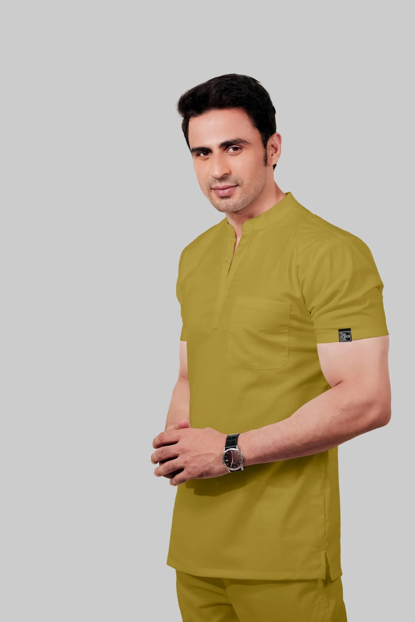 Stretchable (2Way) Men Mustard Mandarin Neck With Jogger Scrub Set - Image 2
