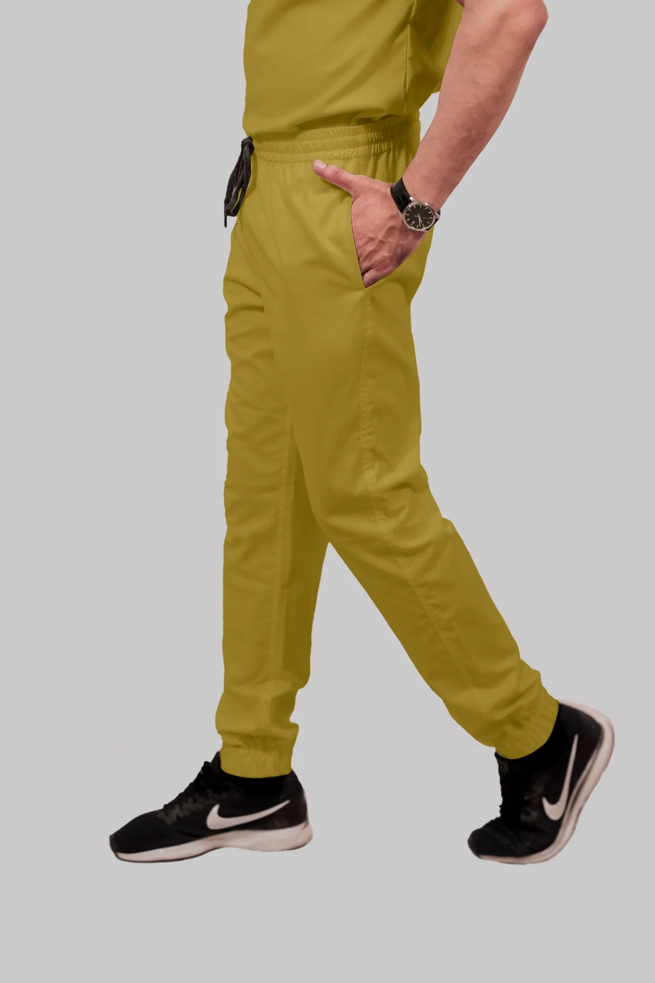 Stretchable (2Way) Men Mustard Mandarin Neck With Jogger Scrub Set - Image 3
