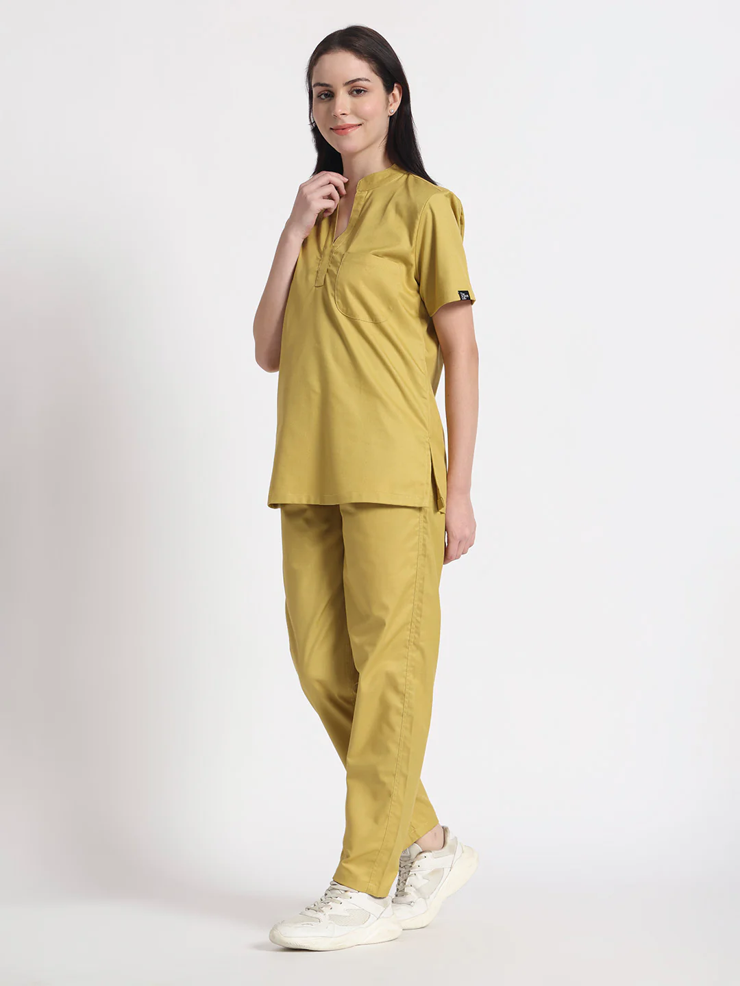 Stretchable (2Way) Women Mustard Mandarin Neck With Straight Pant Scrub Set - Image 3