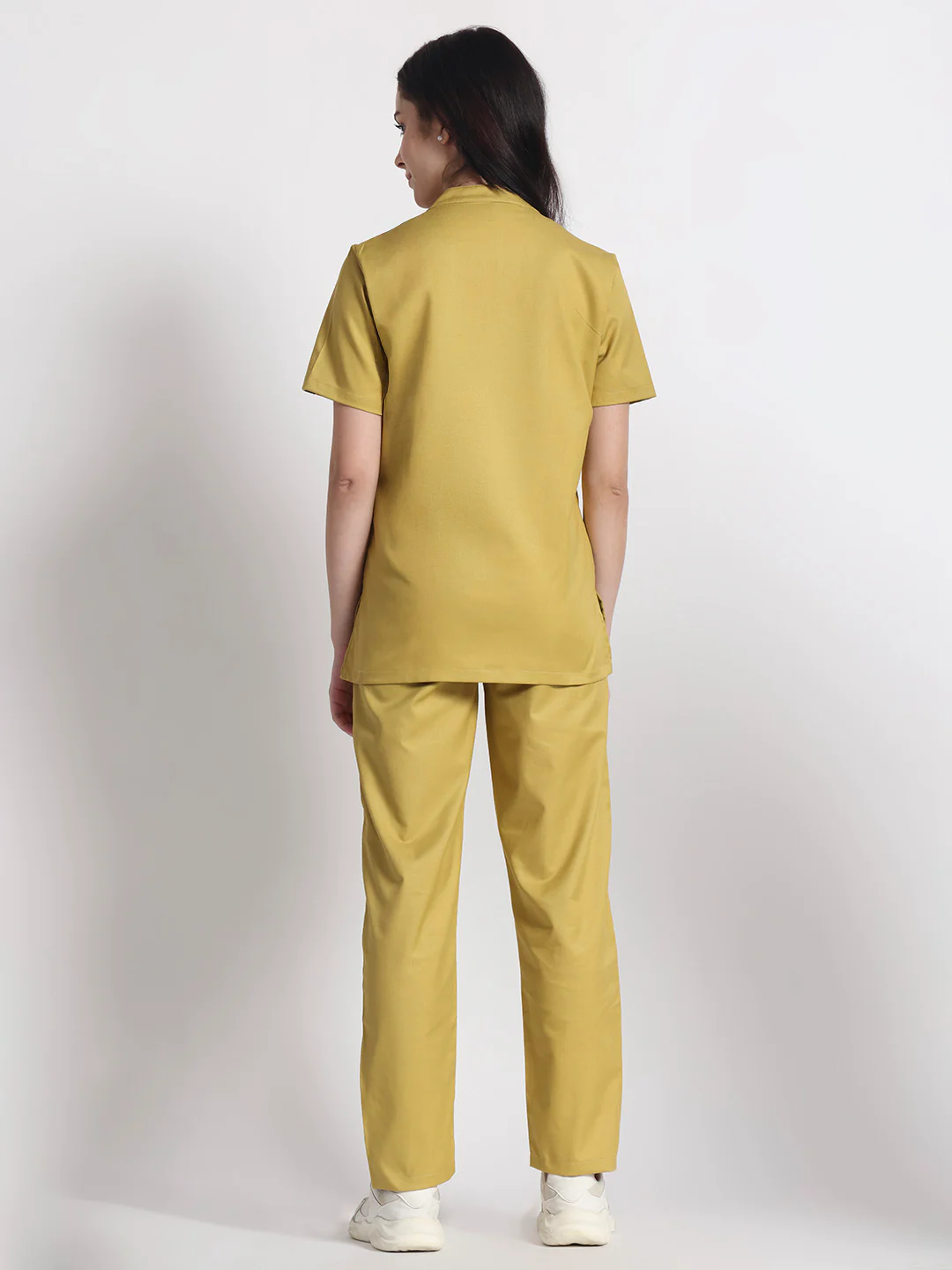 Stretchable (2Way) Women Mustard Mandarin Neck With Straight Pant Scrub Set - Image 4