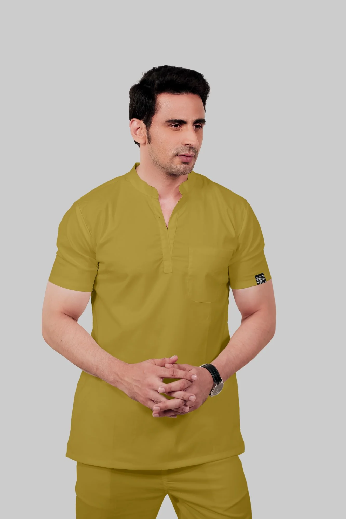 Stretchable (2Way) Men Mustard Mandarin Neck With Straight Pant Scrub Set - Image 2