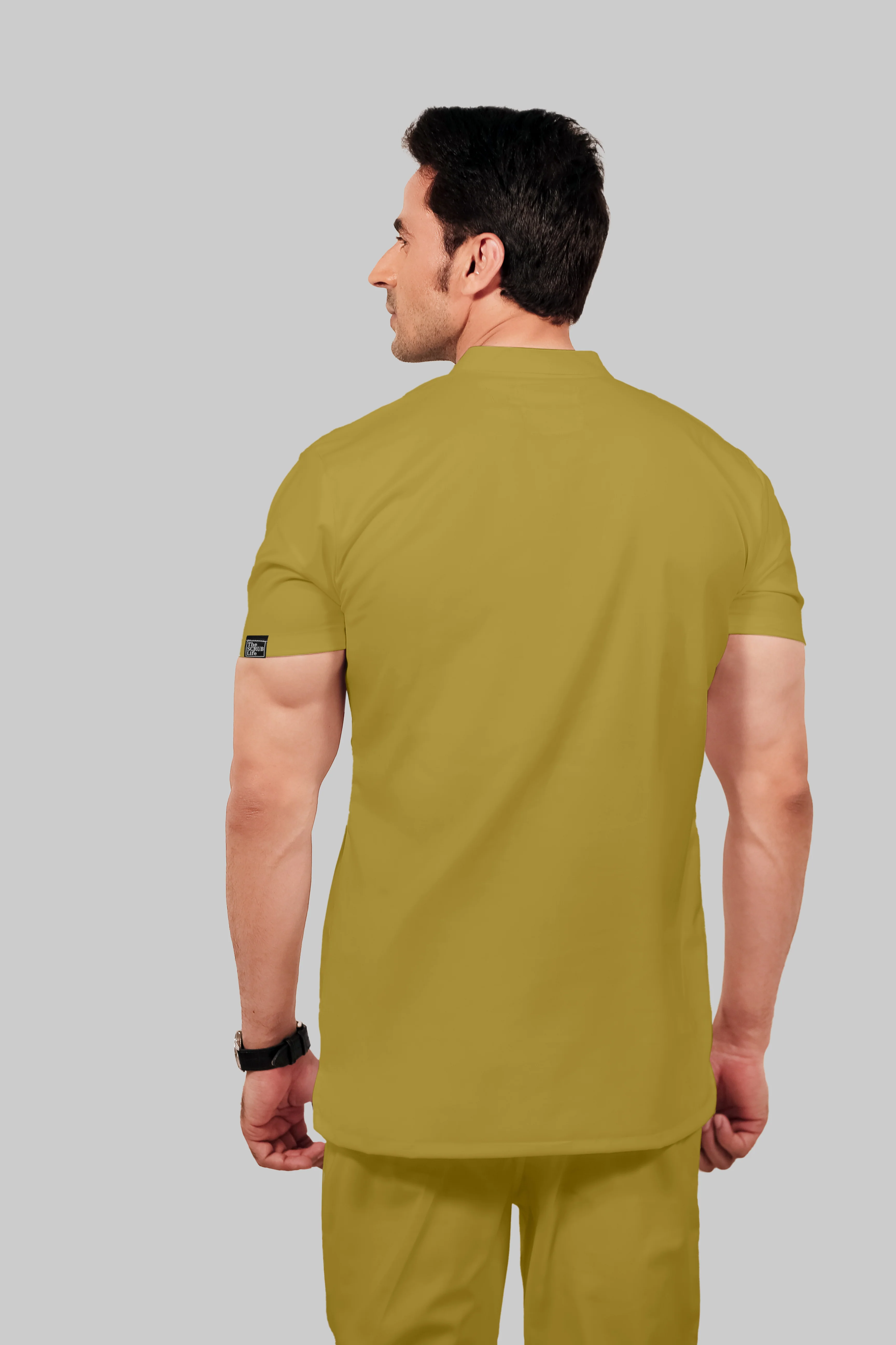 Stretchable (2Way) Men Mustard Mandarin Neck With Straight Pant Scrub Set - Image 4