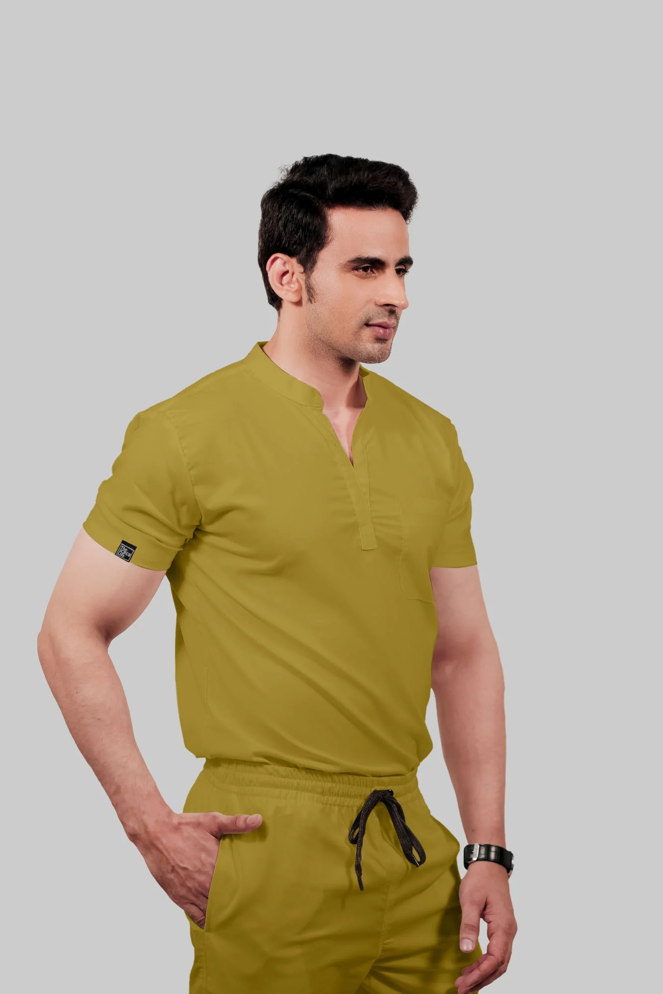 Stretchable (2Way) Men Mustard Mandarin Neck With Straight Pant Scrub Set - Image 5